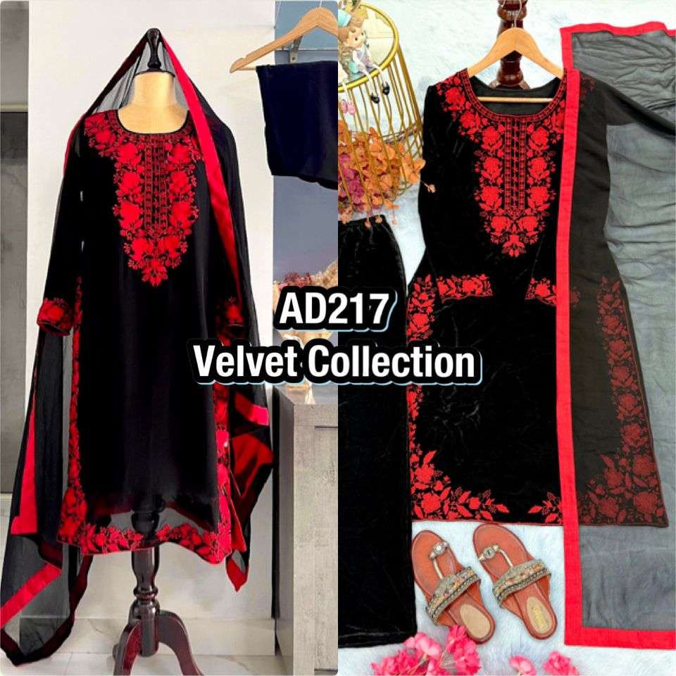 AD 217 VEVET EMBROIDERY DESIGNER WORK FESTIVE WEAR LADIES SUIT