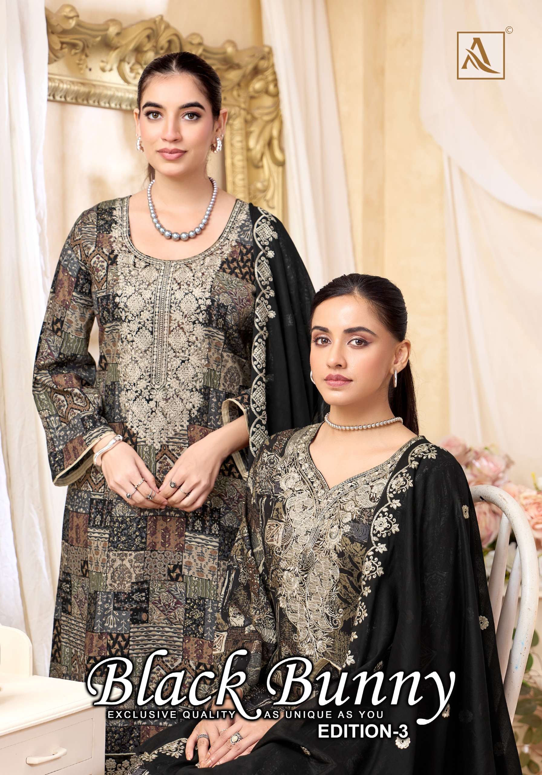 ALOK SUITS BLACK BUNNY VOL 3 VISCOSE PRINT WITH FANCY WORK SUIT