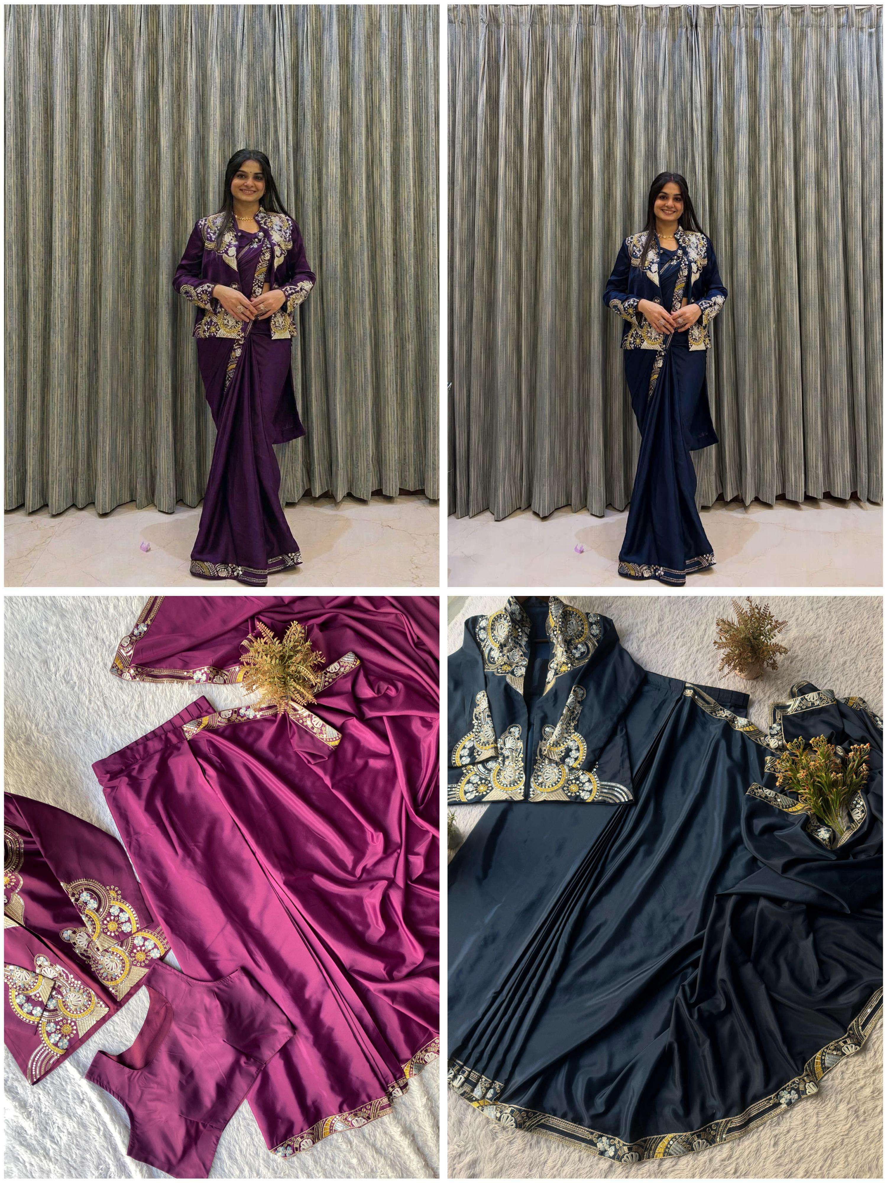 BE 433 DESIGNER WEAR LAHENGA SAREE WITH LONG BLOUSE INDO WESTERN DRESS 