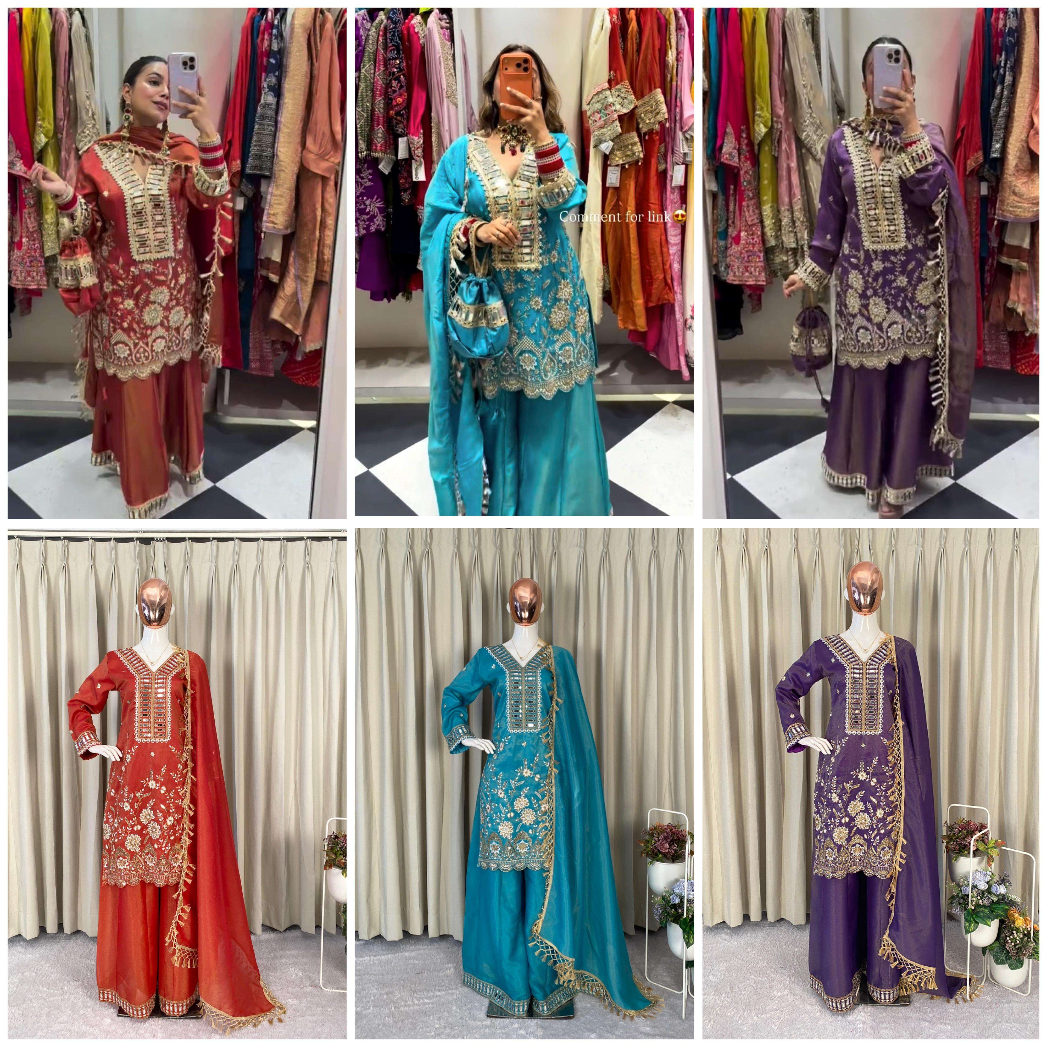 BE 435 MOSS FABRIC PARTY WEAR KURTI PLAZZO AND DUPATTA SET 