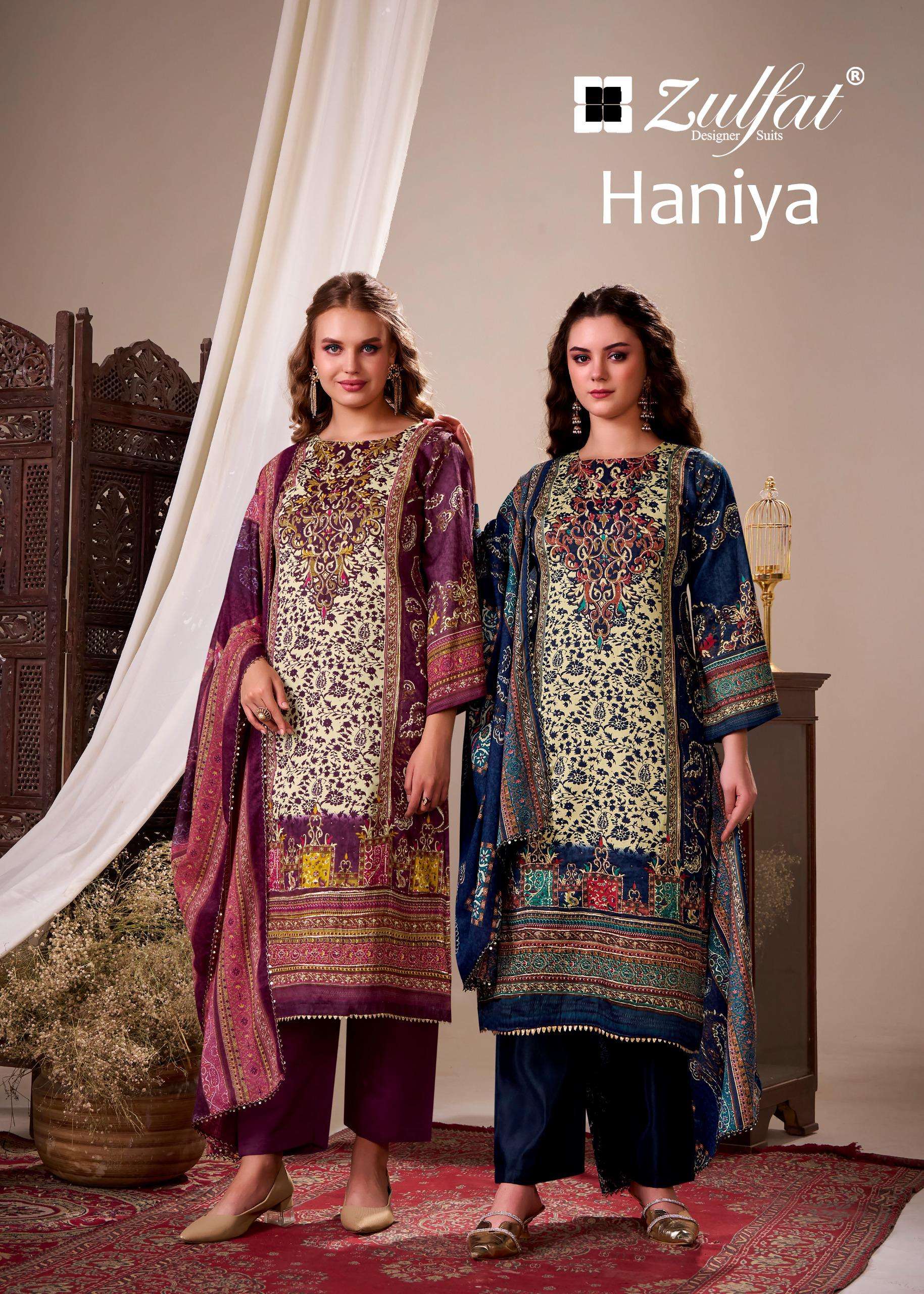 BELLIZA DESIGNER STUDIO HANIYA JAM SATIN PRINT WITH FANCY WORK SUIT