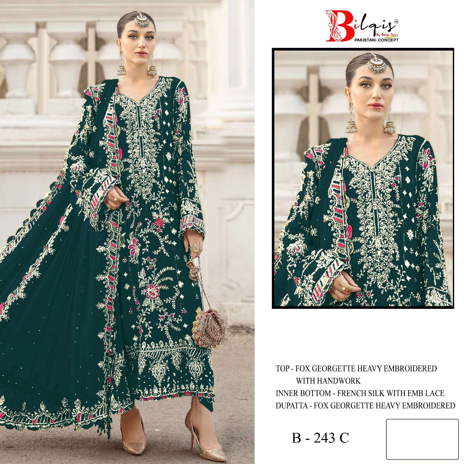 BILQIS B 243 GEORGETTE HEAVY EMBROIDERED DESIGNER WEDDING WEAR PAKISTANI SUIT