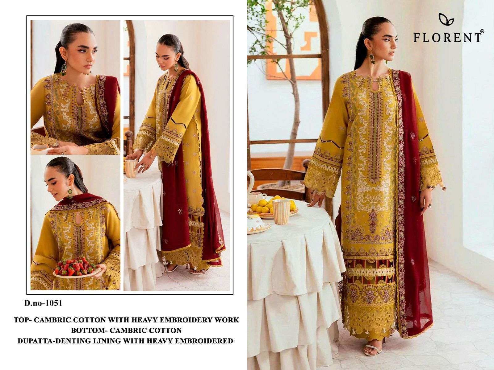 FLORENT TM DESIGN NO - 1051 CAMBRIC COTTON HEAVY EMBROIDERED WORK PAKISTANI SUIT
