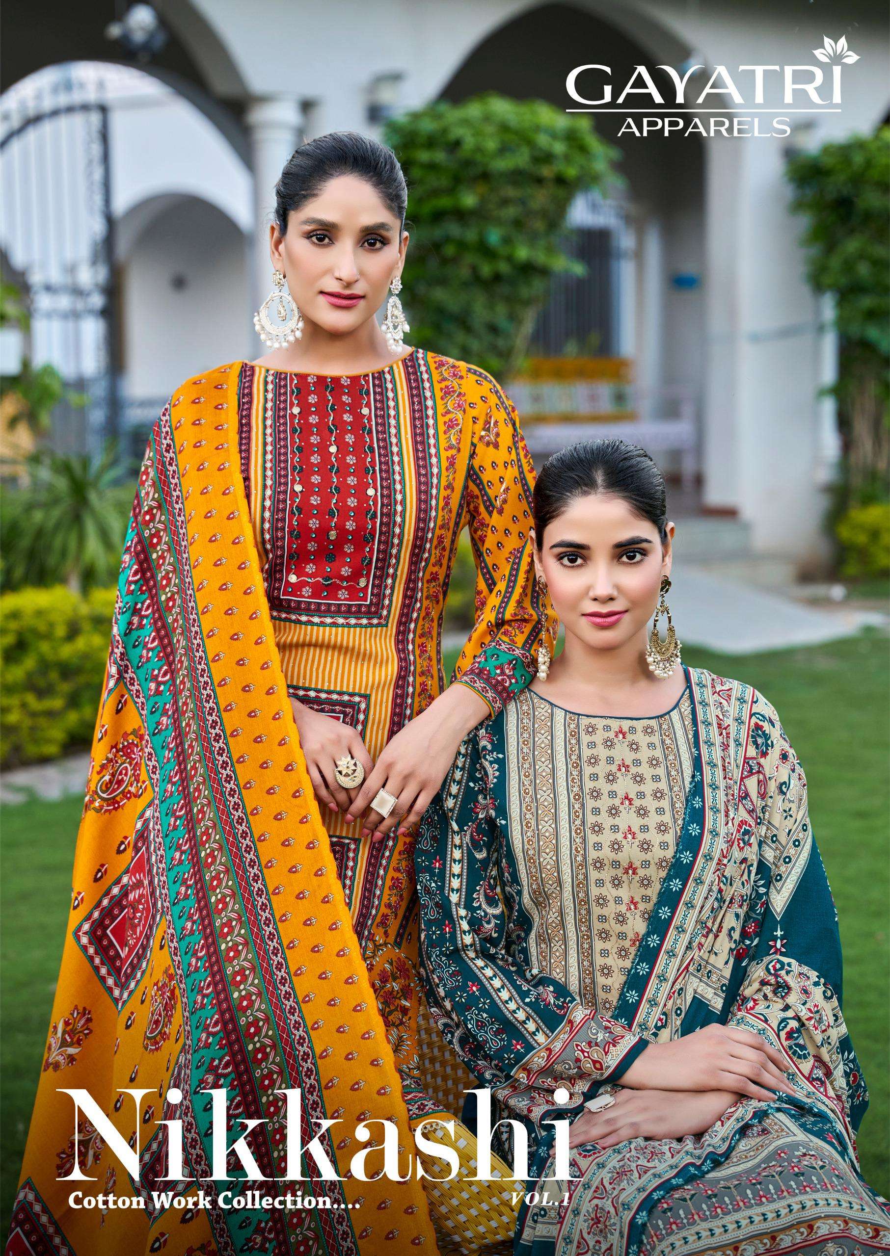 GAYATRI APPARELS NIKKASHI VOL 1 VISCOSE KARACHI PRINT WITH FANCY WORK SUIT