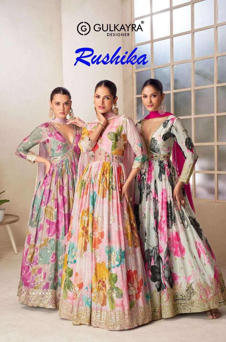 GULKAYRA DESIGNER RUSHIKA HEAVY FLORAL DIGITAL PRINT ALIYA CUT STYLE LONG GOWN WITH DUPATTA 