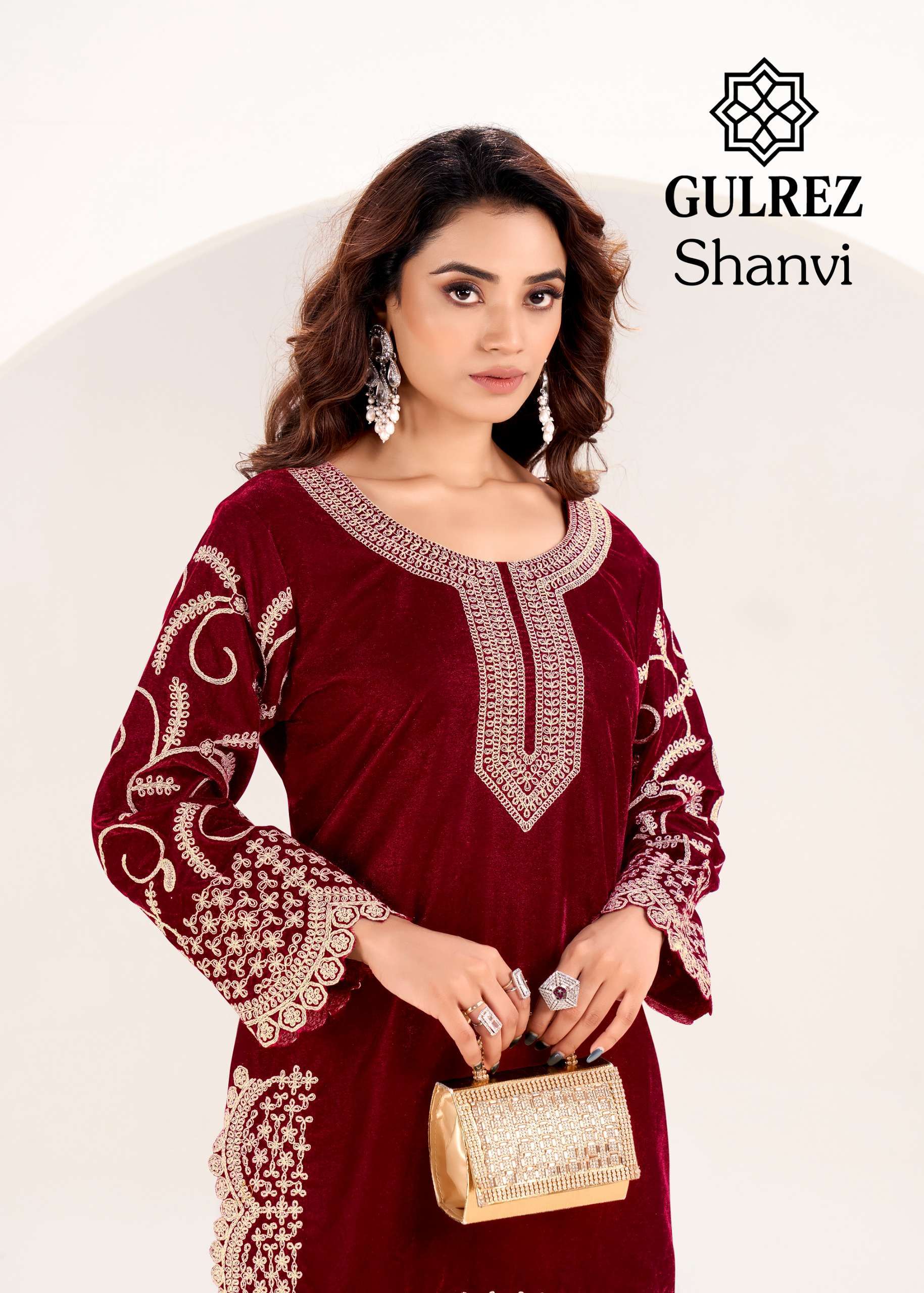 GULREZ SHANVI VELVET WITH FANCY KASHMIRI WORK KURTI WITH BOTTOM PAIR