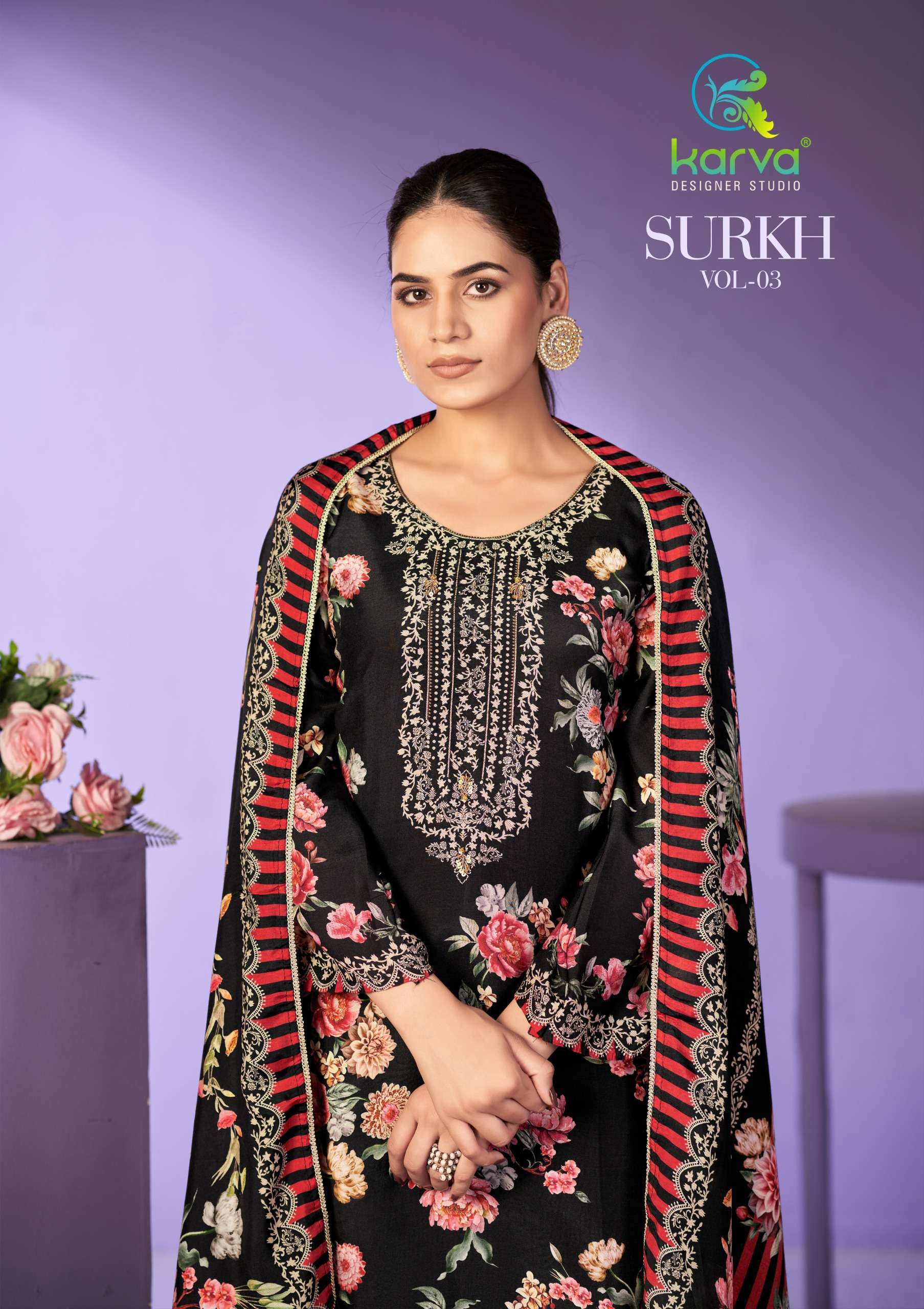 KARVA DESINER SURKH VOL 3 VISCOSE DIGITAL PRINT WITH HAND WORK DESIGNER SUIT