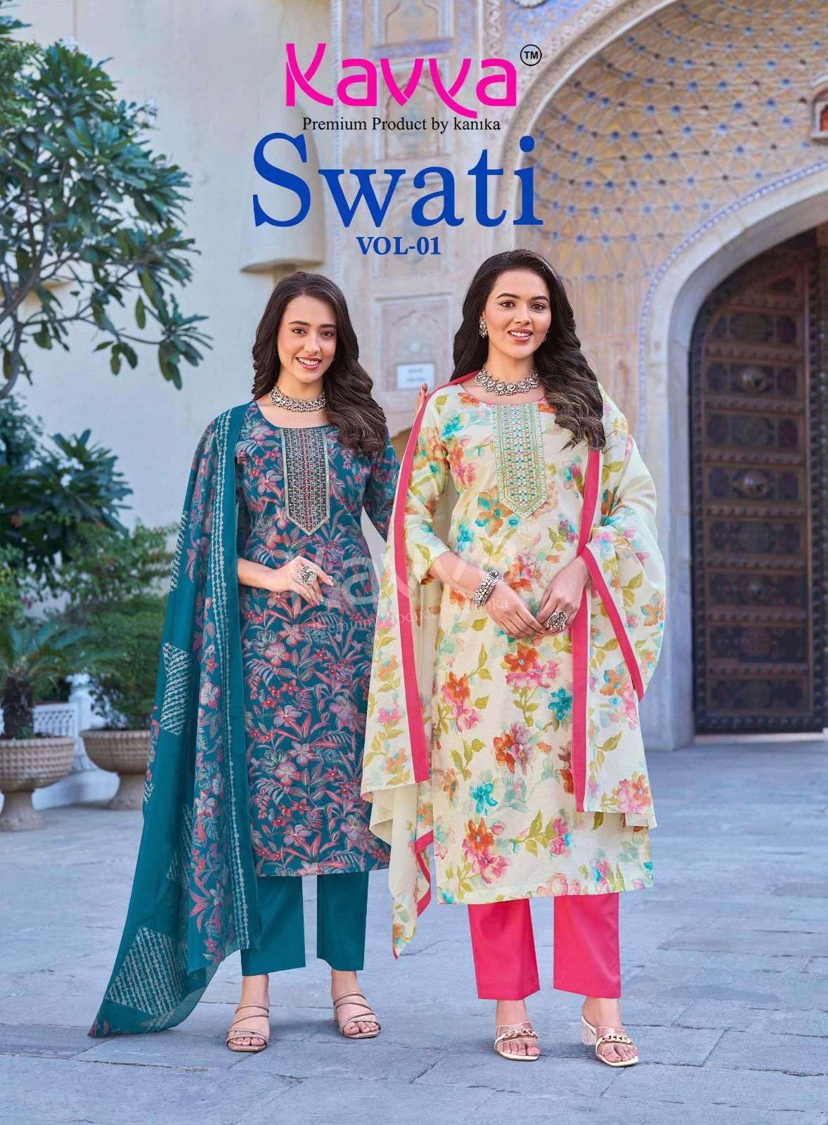 KAVYA SWATI VOL 1 CHANDERI SILK PRINT WITH FANCY WORK LADIES 3PIECE SET COLLECTION 