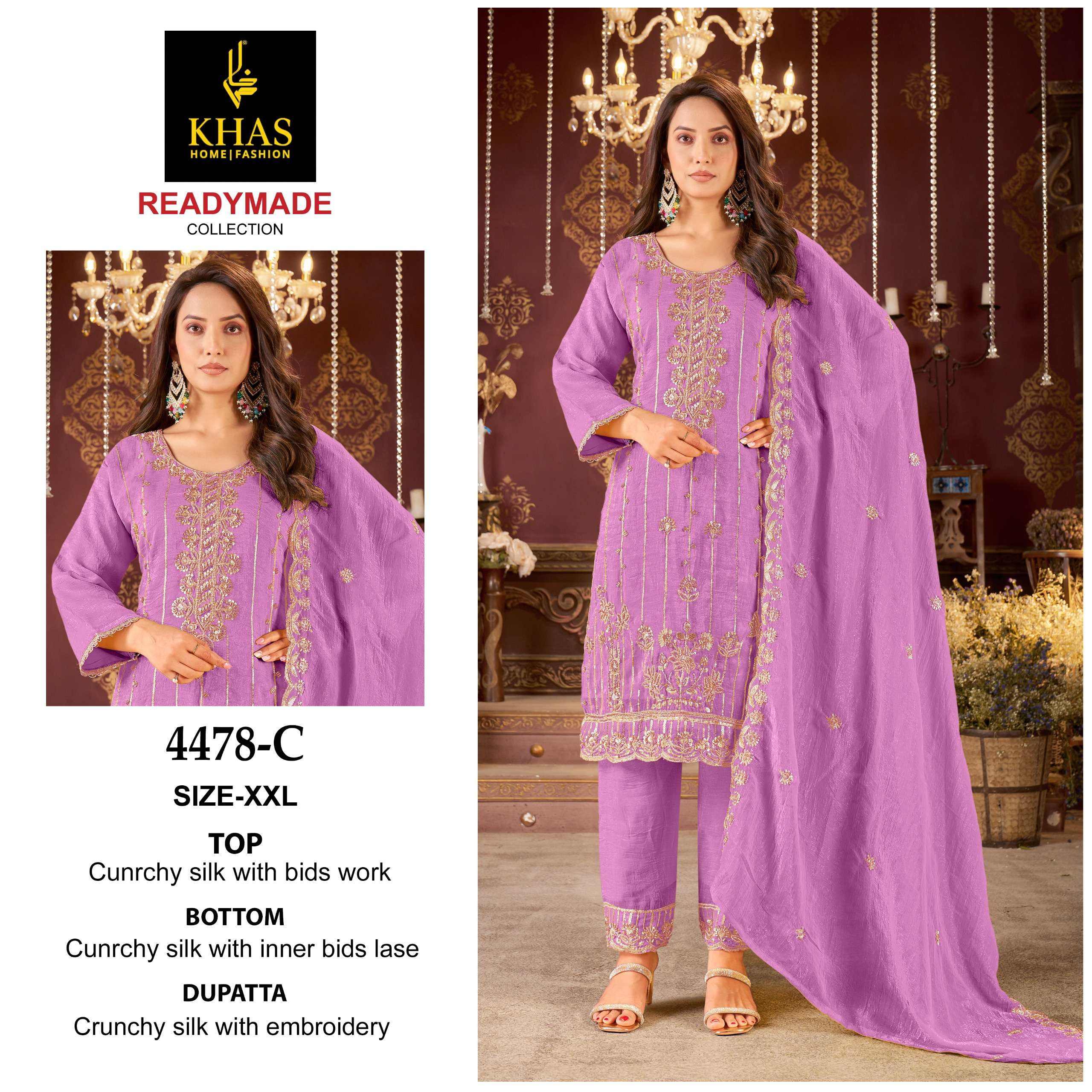 KHAS FASHION D NO 4478 SILK WITH EMBROIDERED DESIGNER WORK SUIT