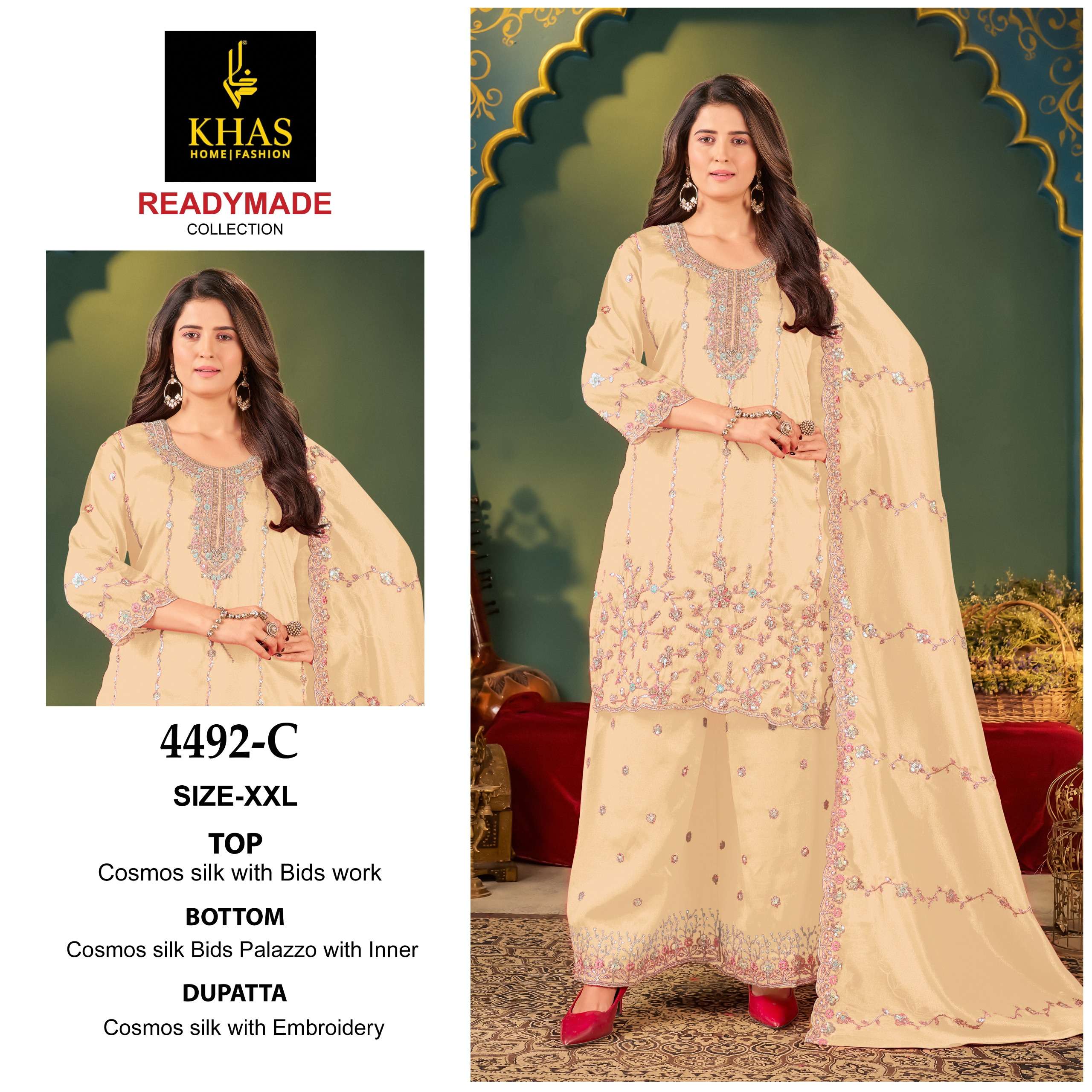 KHAS FASHION D NO 4492 SILK HEAVY EMBROIDERD DESIGNER READY MADE SUIT
