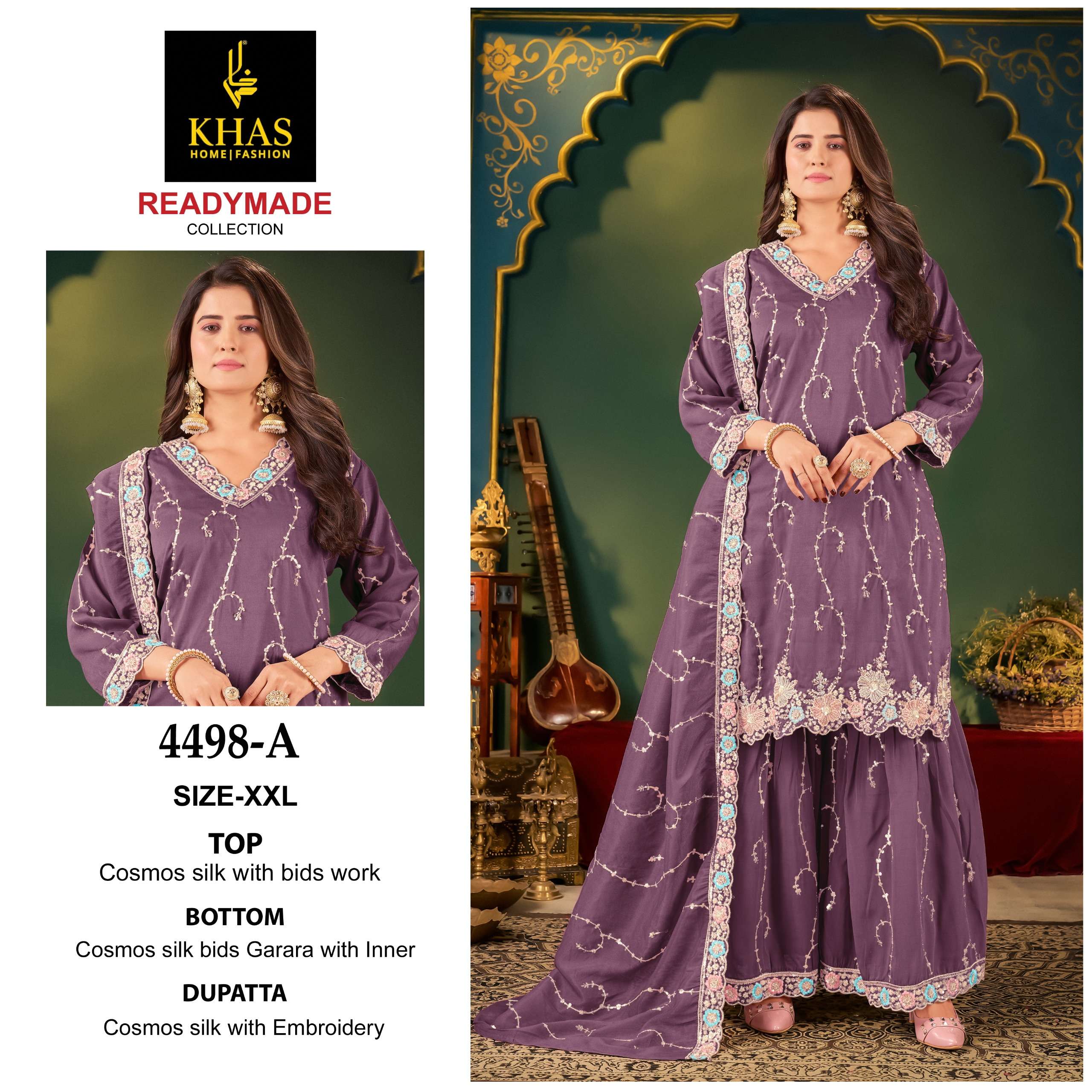 KHAS FASHION D NO 4498 SILK HEAVY EMBROIDERD DESIGNER WEDDING WEAR SUIT