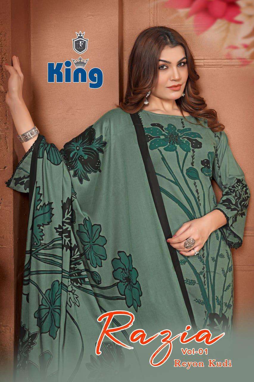 KING RAZIA VOL 1 RAYON FOIL PRINT WITH FANCY WORK SUIT