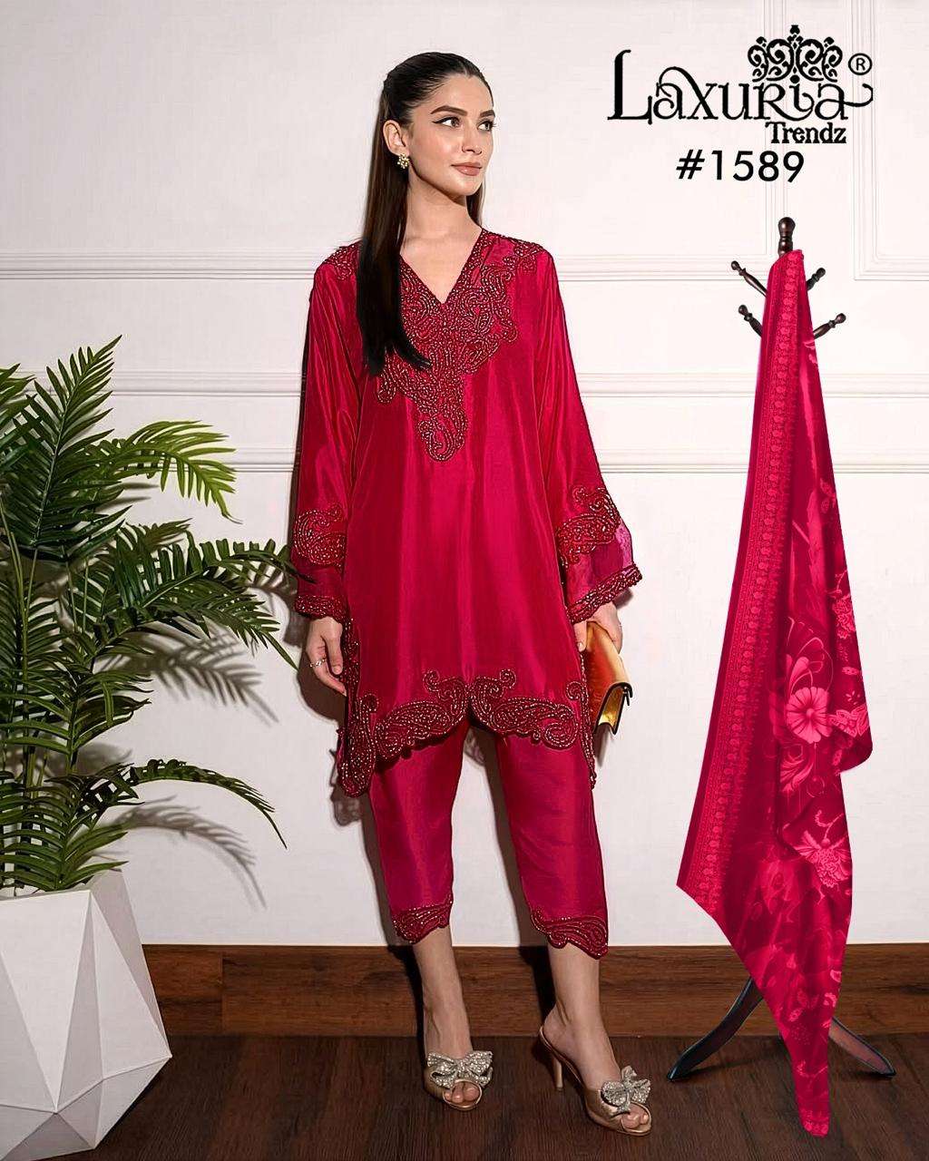 LAXURIA TRENDZ D NO 1589 SATIN BEAUTIFUL PAKISTANI STYLE DESIGNER LOOK SUIT