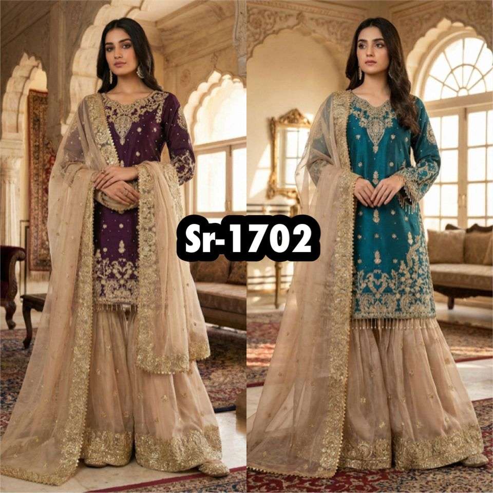 SR 1702 SILK HEAVY BEAUTIFUL EMBROIDERY DESIGNER FESTIVE WEAR LADIES SHARARA SUIT