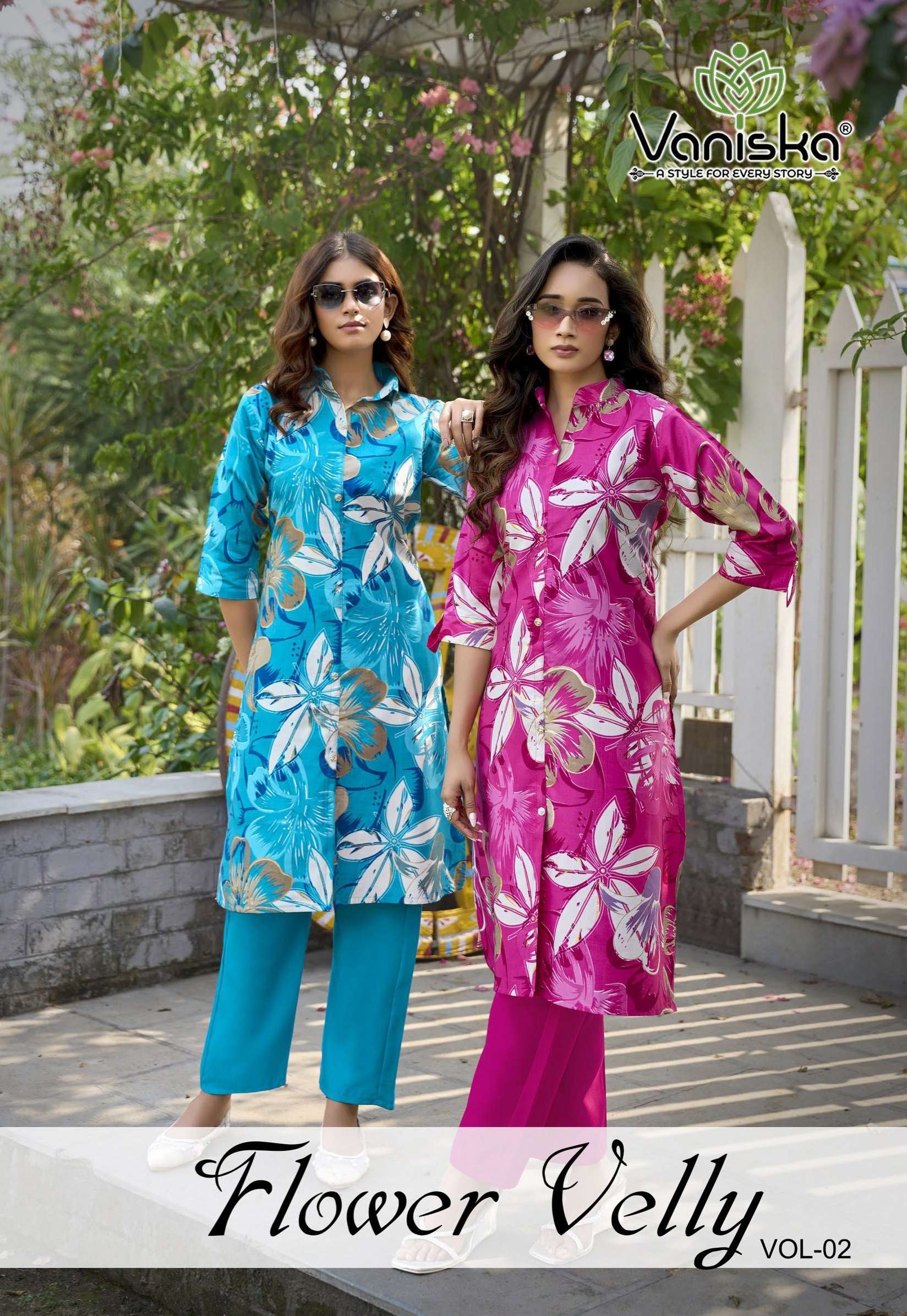 VANISKA FLOWER VELLY VOL 2 FANCY PRINT A LINE CUT STYLE KURTI WITH BOTTOM PAIR 