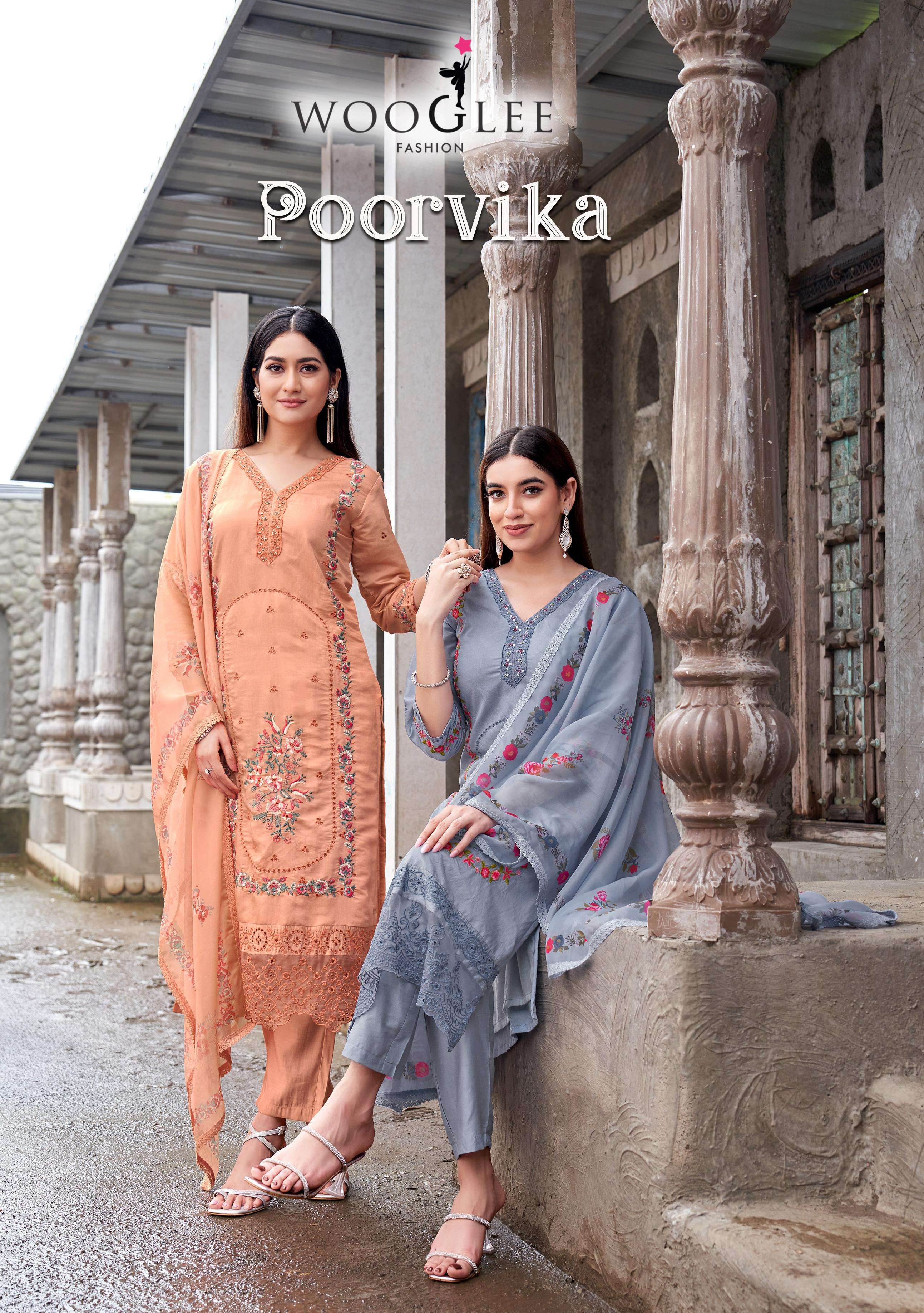 WOOGLEE POORVIKA SILK FANCY WORKS LADIES KURTI BOTTOM AND DUPATTA SET 