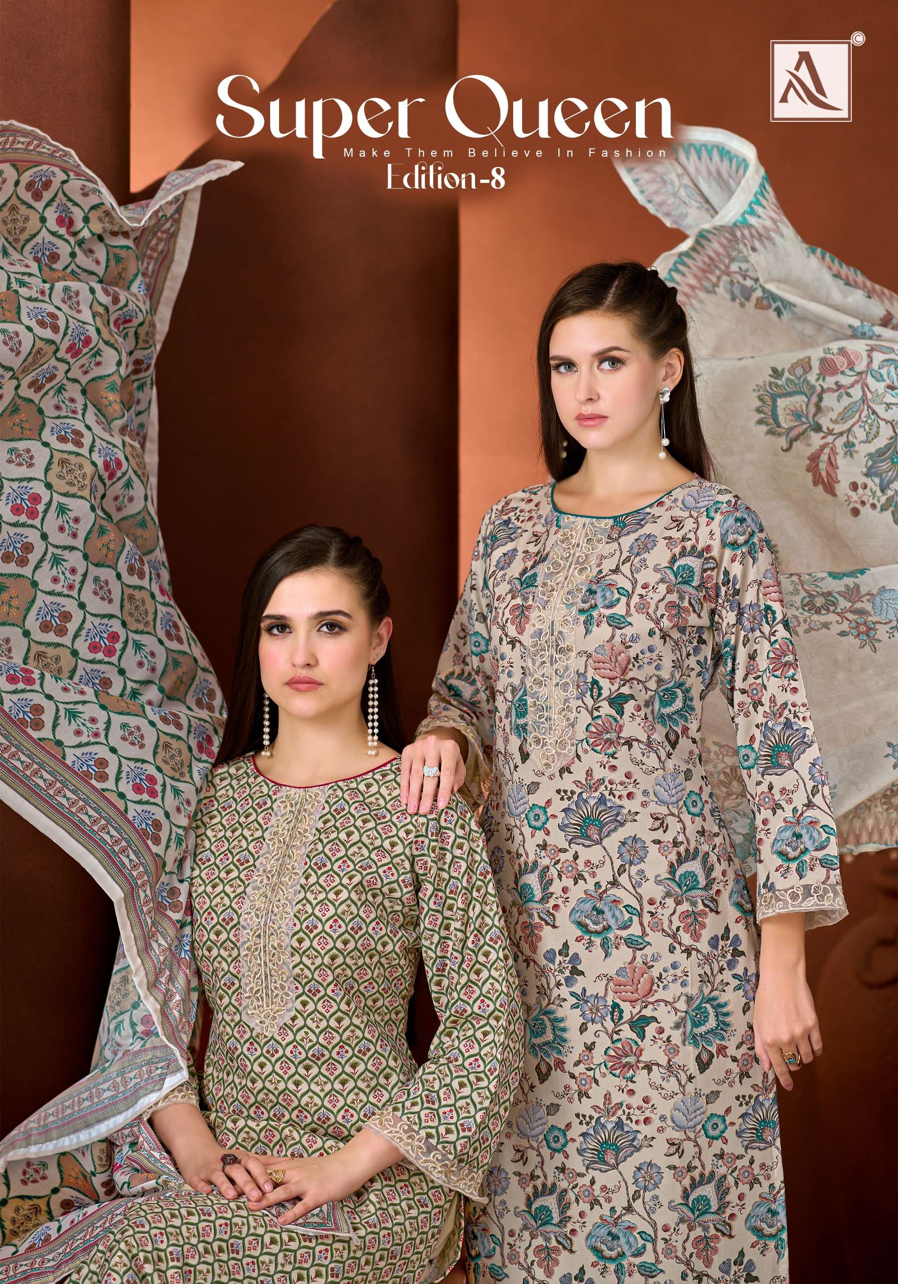 ALOK SUITS SUPER QUEEN EDITION 8 RAYON PRINT WITH FANCY WORK SUIT