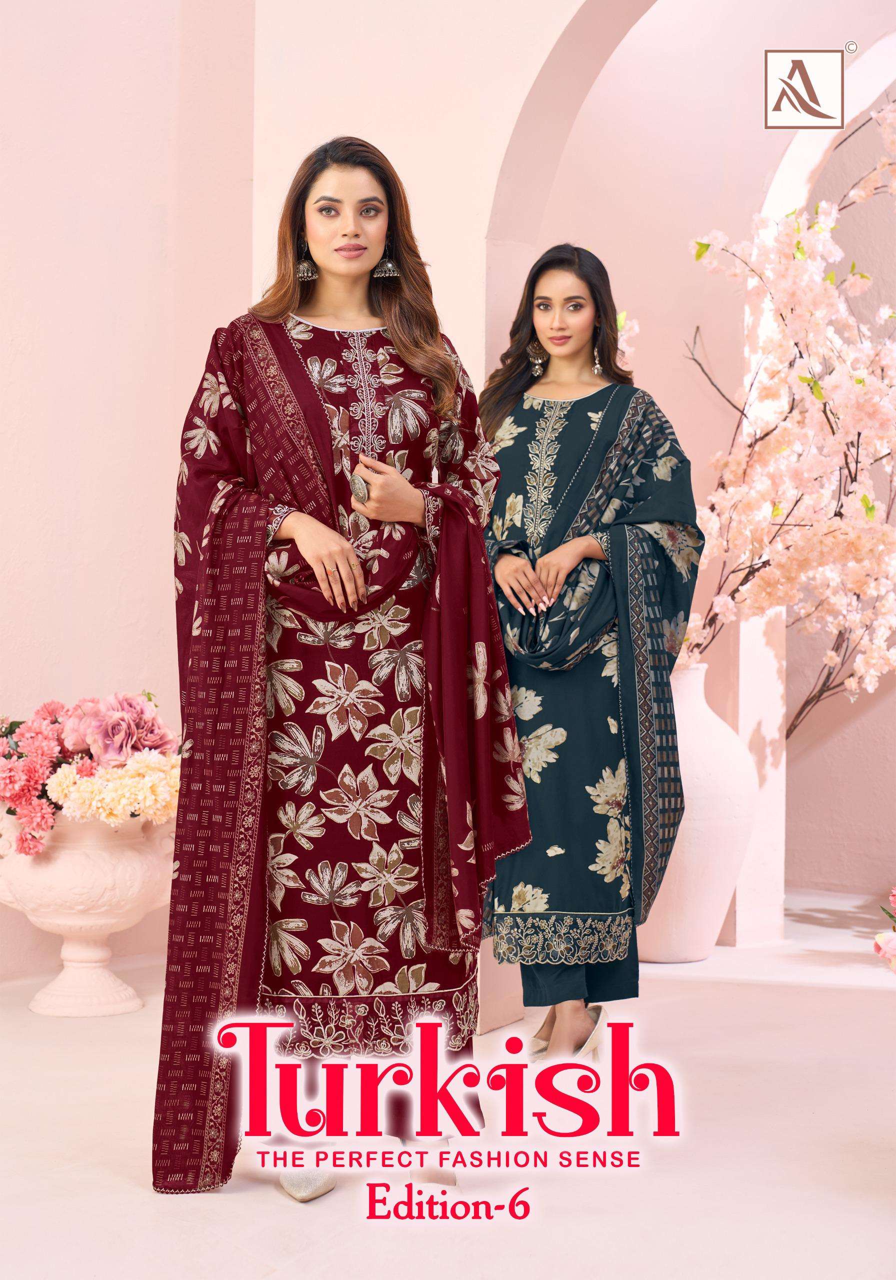 ALOK SUITS TURKISH EDITION 6 VISCOSE RAYON PRINT WITH FANCY WORK SUIT