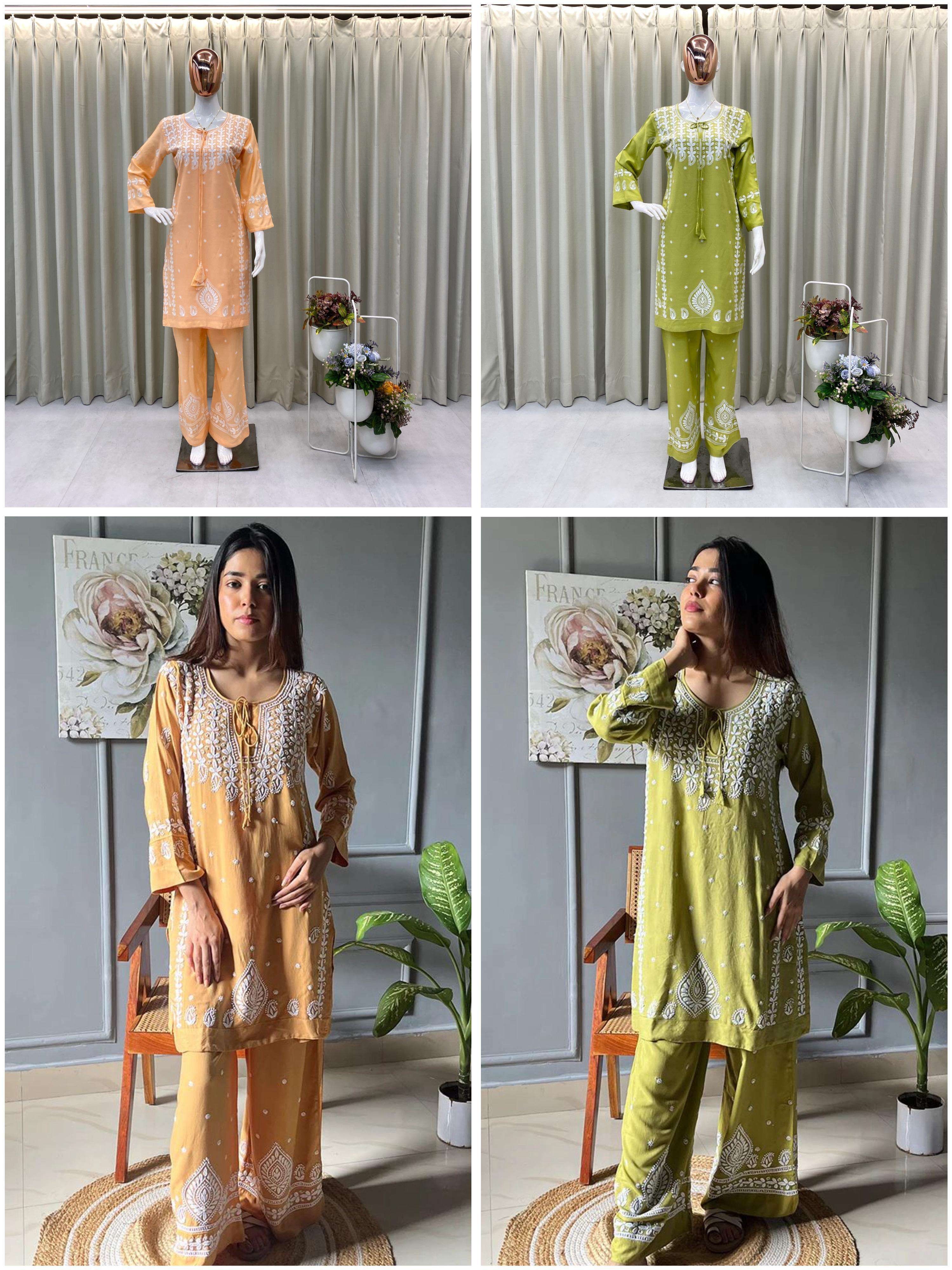 BE 396 RAYON FANCY LUCKNOWI WORKS STYLE LADIES KURTI WITH PLAZZO PAIR 