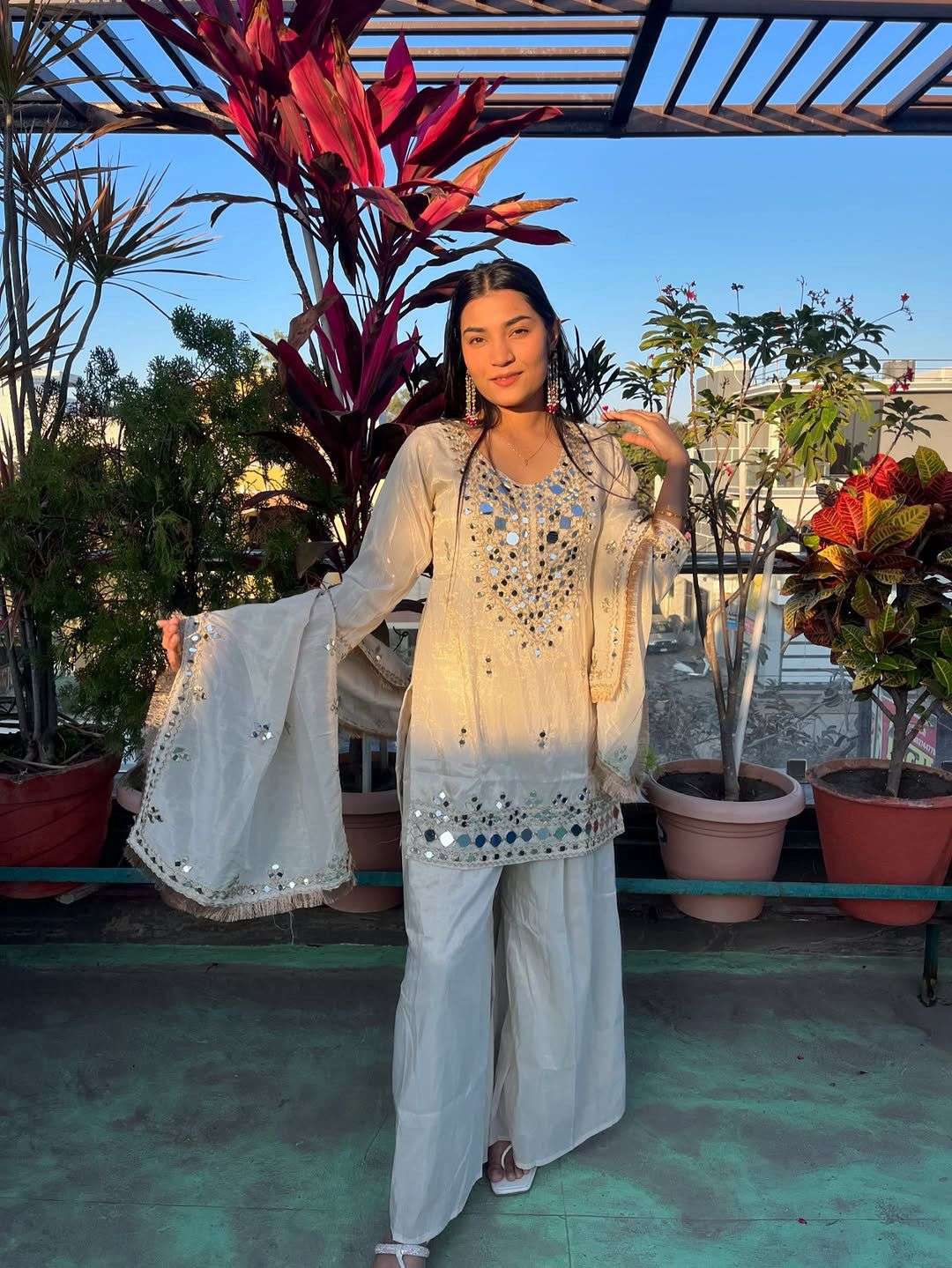 BE 452 GEORGETTE DESIGNER WEAR REAL MIRROR WITH EMBROIDERED TOP PLAZZO AND DUPATTA 