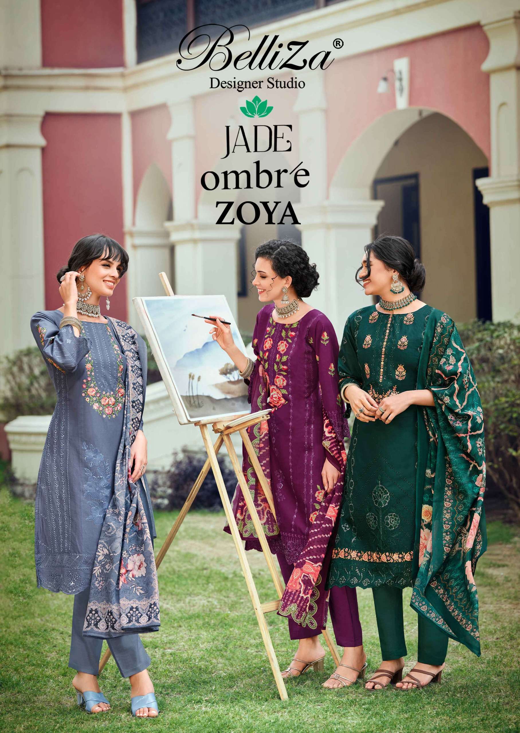 BELLIZA DESIGNER STUDIO OMBRE ZOYA LAWN COTTON EMBROIDERY WORK SUITS SUIT