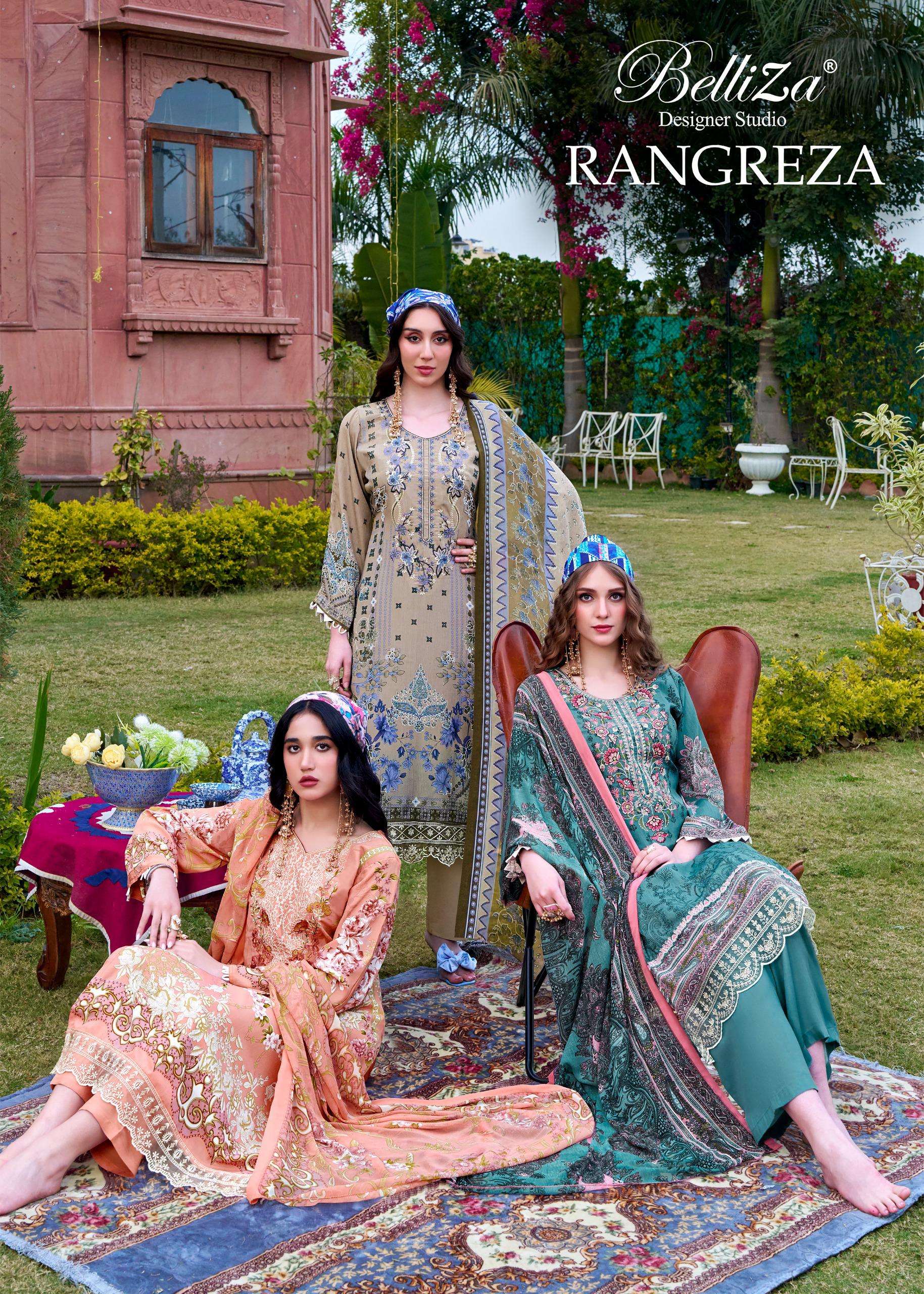 BELLIZA DESIGNER STUDIO RANGREZA CREPE DIGITAL PRINT WITH EMBROIDERY DESIGNER WORK SUIT