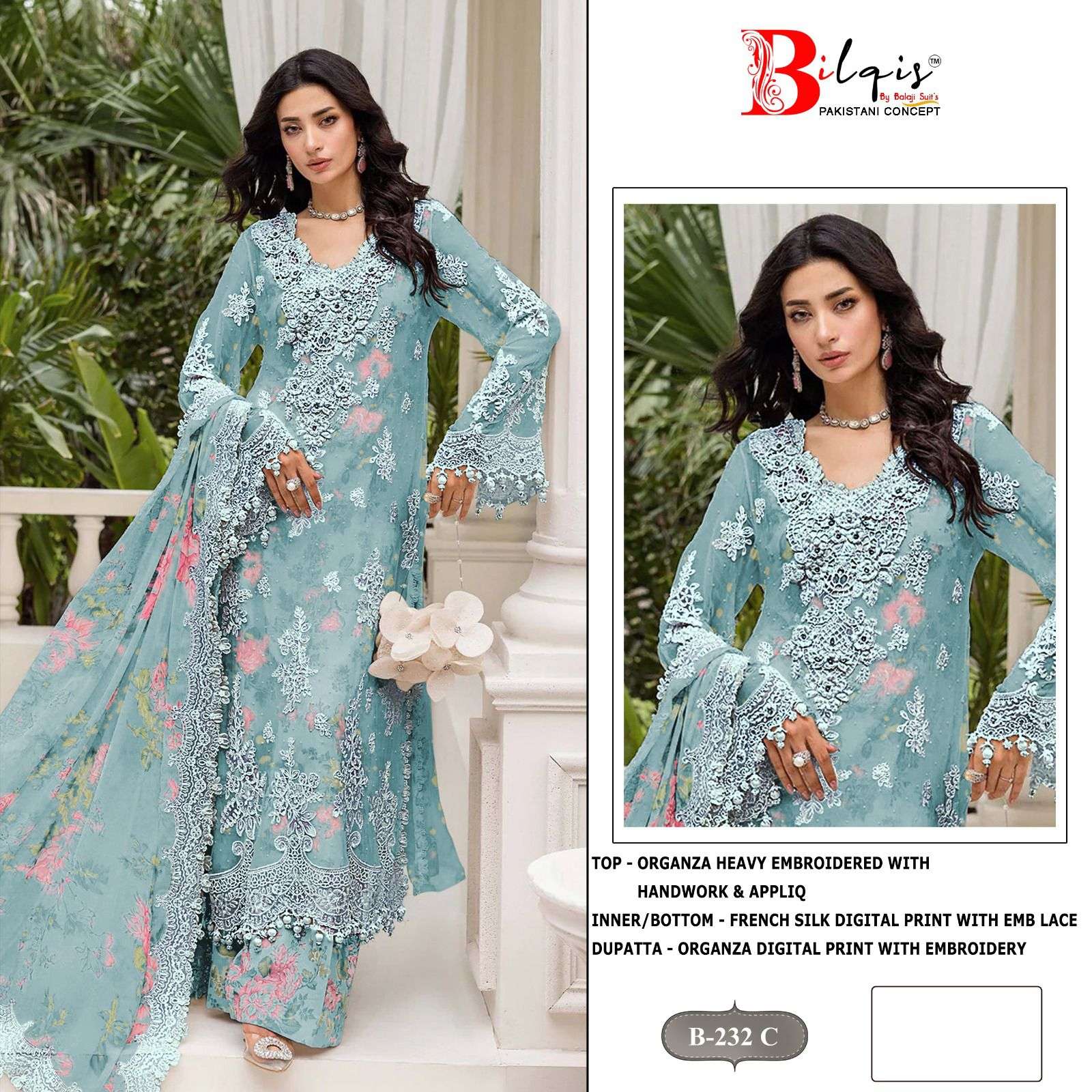 BILQIS B 232 ORGANZA HEAVY BEAUTIFUL EMBROIDERED PAKISTANI SUIT