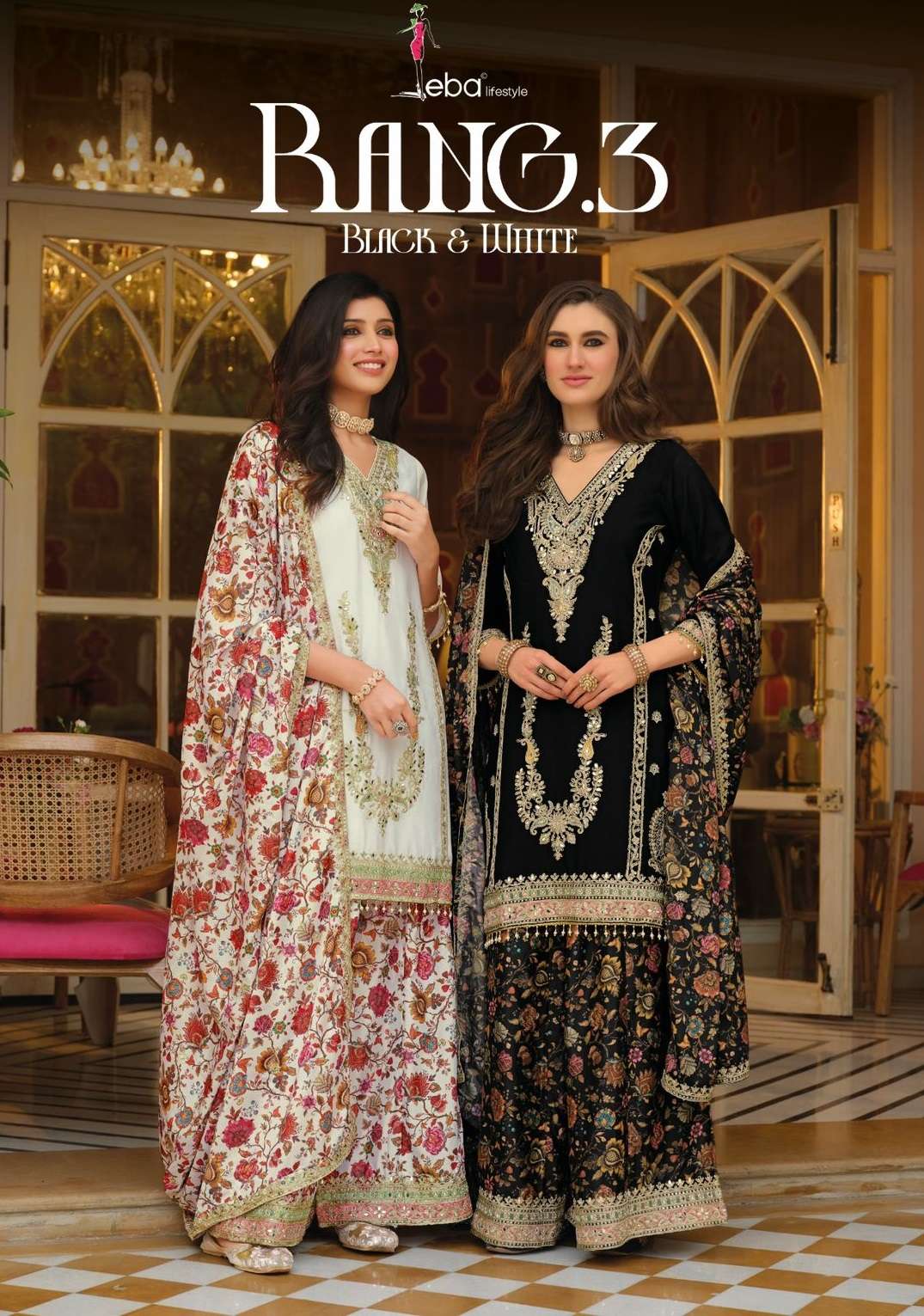 EBA LIFESTYLLE RANG BLACK AND WHITE CHINON HEAVY EMBROIDERY DESIGNER WEDDING WEAR READY MADE LADIES SUIT