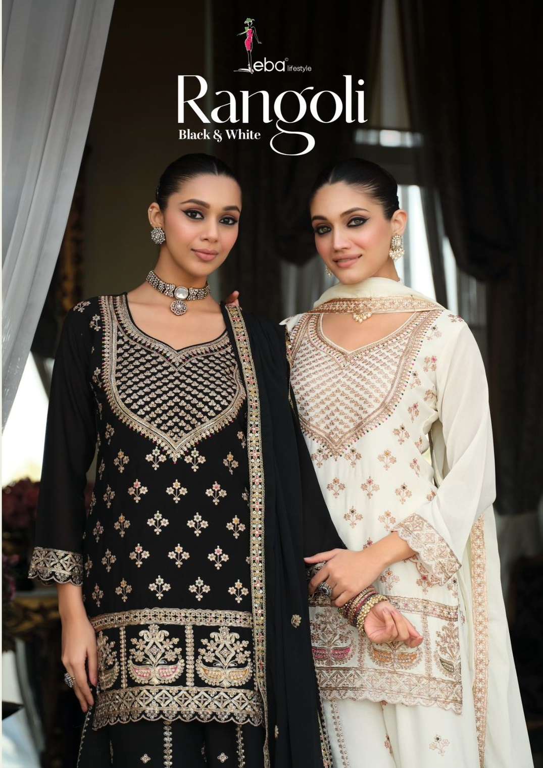 EBA LIFESTYLLE RANGOLI BLACK AND WHITE CHINON HEAVY EMBROIDERY DESIGNER WEDDING WEAR READY MADE LADIES SUIT