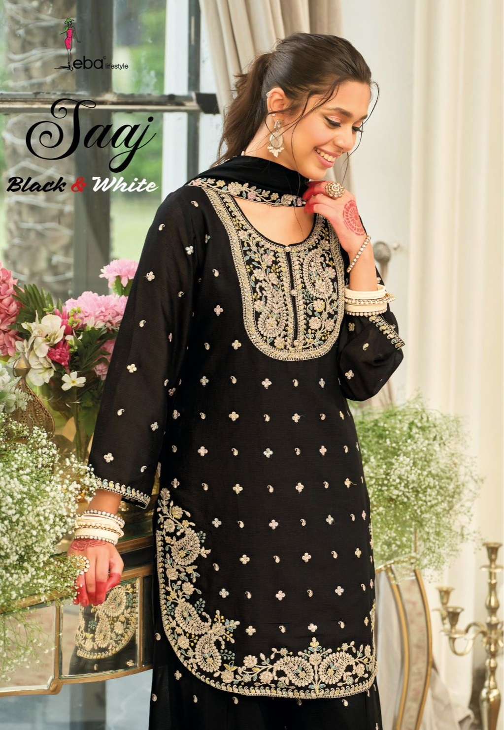 EBA LIFESTYLLE SAAJ BLACK AND WHITE HEAVY EMBROIDERY DESIGNER PARTY WEAR LADIES SUIT