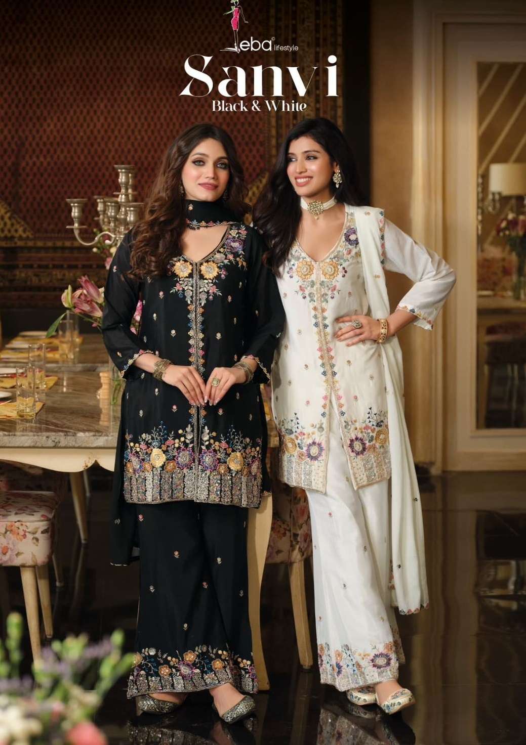 EBA LIFESTYLLE SANV BLACK AND WHITE HEAVY EMBROIDERY DESIGNER PARTY WEAR LADIES SUIT