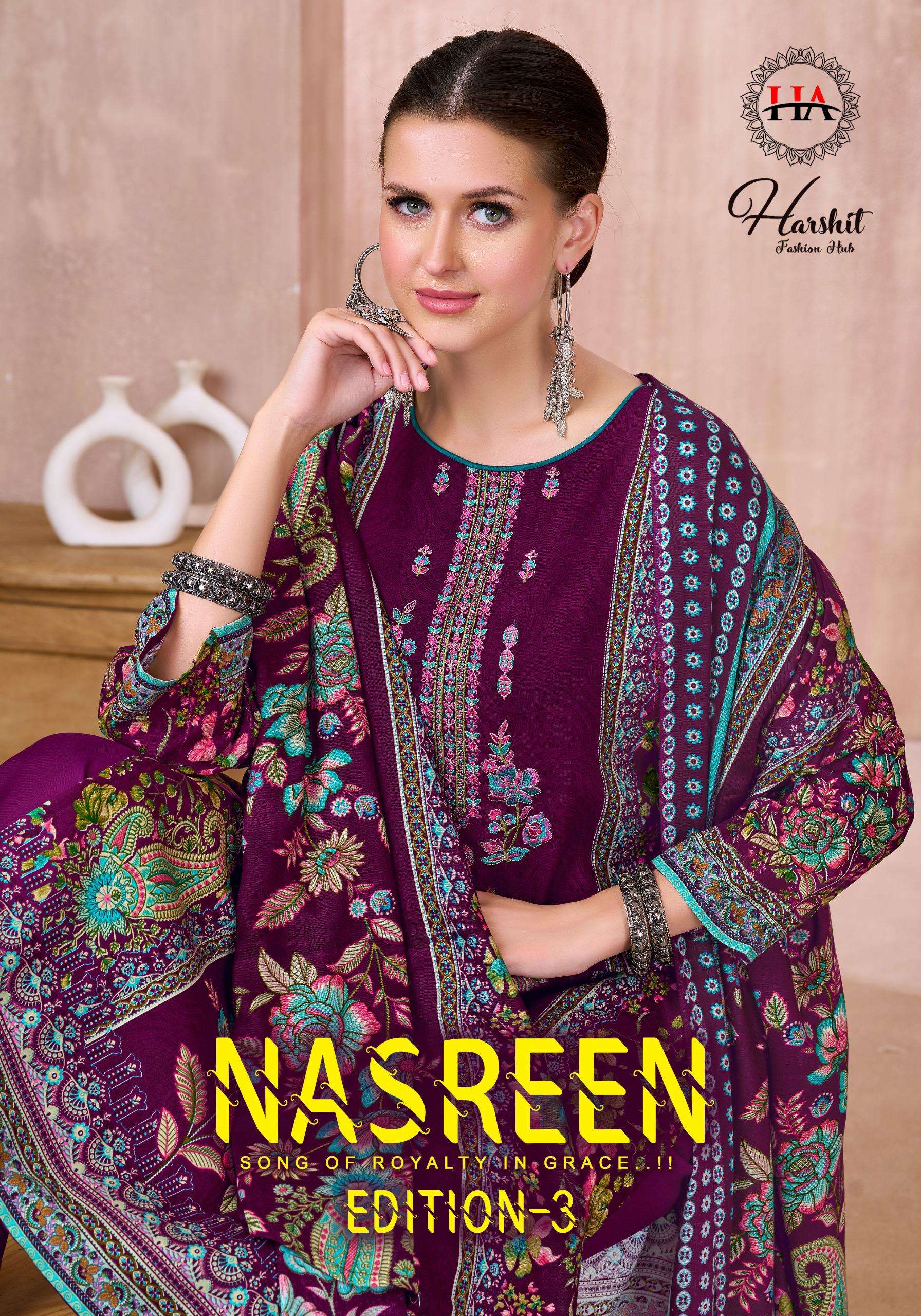 HARSHIT FASHION HUB NASREEN EDITION 3 VISCOSE PRINT WITH FANCY WORK SUIT