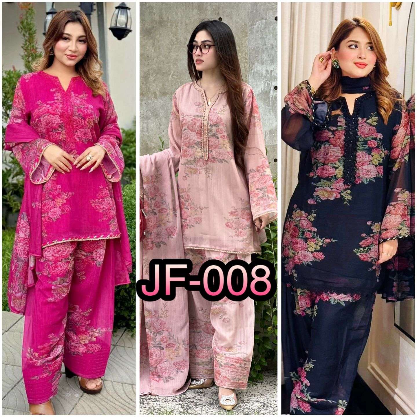 JF 008 GEORGETTE DIGITAL PRINT FANCY TOP WITH FARSHI PENT AND DUPATTA SET 
