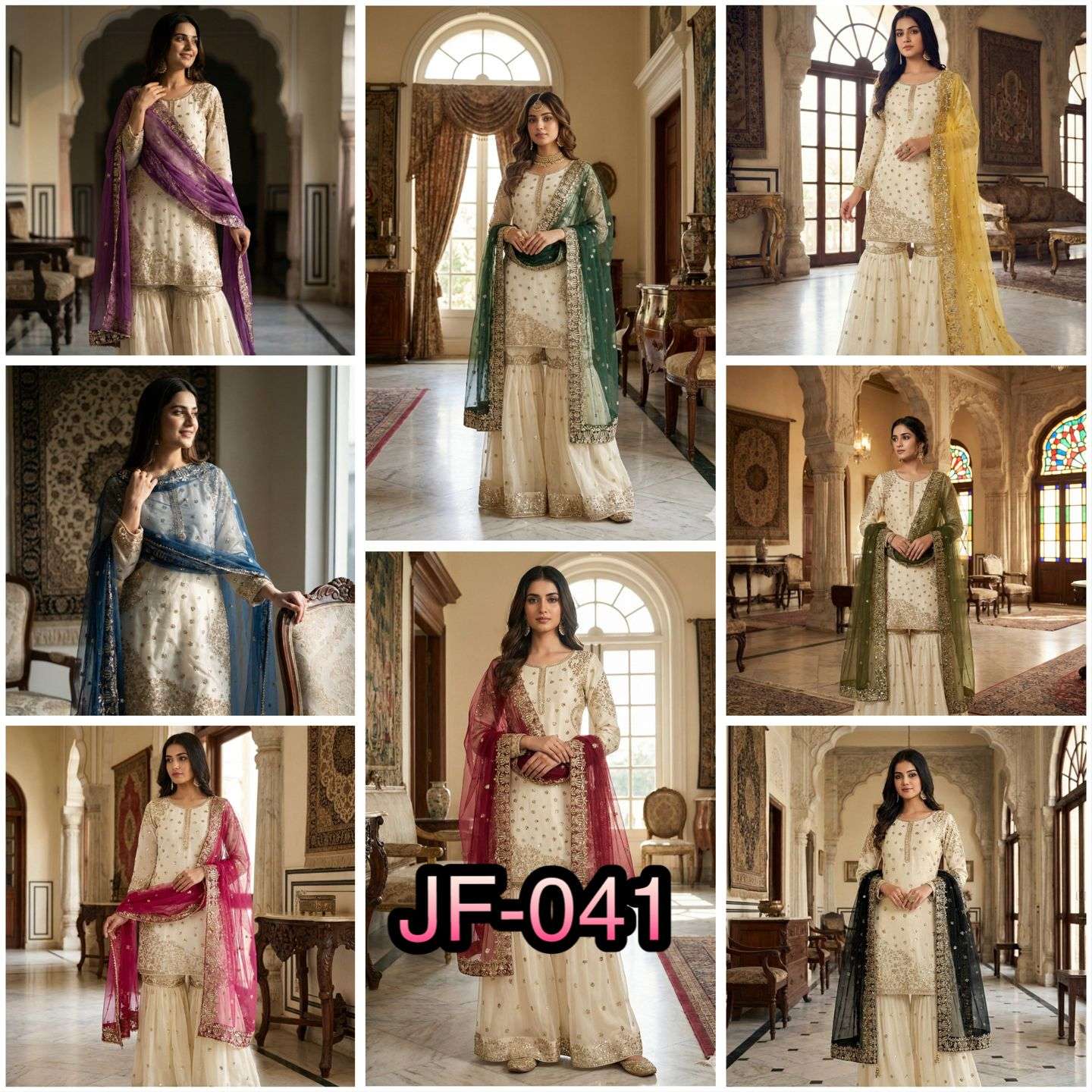 JF 041 SILK HEAVY EMBROIDERD DESIGNER WEDDING WEAR LADIES GHARARA SUIT