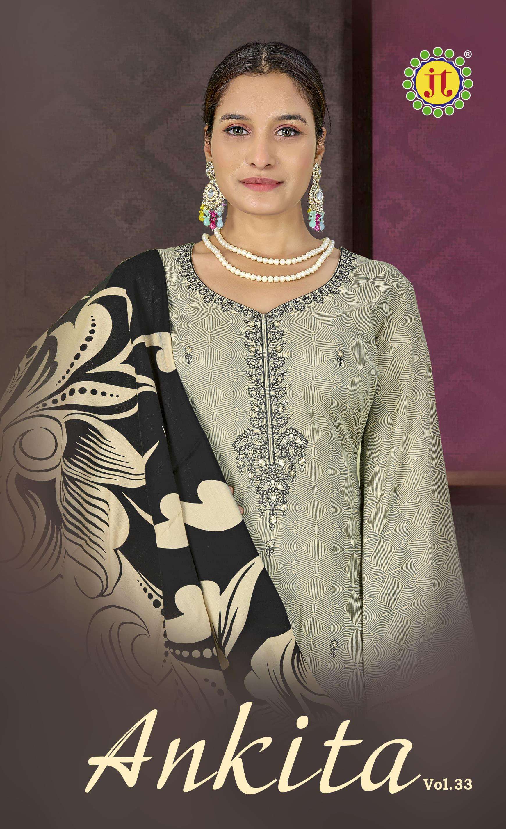 JT ANKITA VOL 33 RAYON SEQUENCE EMBROIDERIES WORK LADIES SUITS AT BEST ONLINE RATE WHOLESALER SURAT 