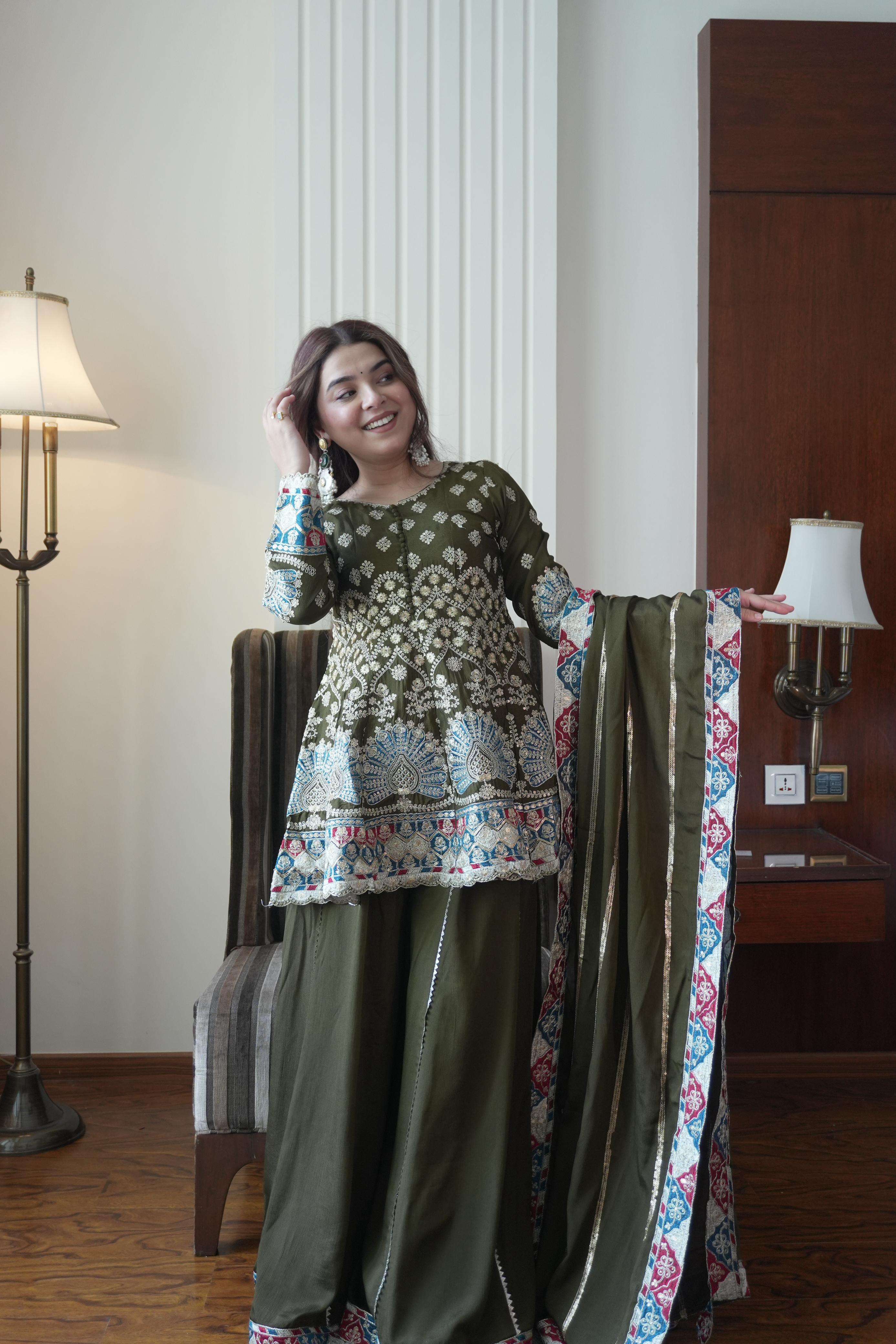 LM 16 PREETY LOOK DESIGNER PARTY WEAR TOP PALAZZO AND DUPATTA SET 