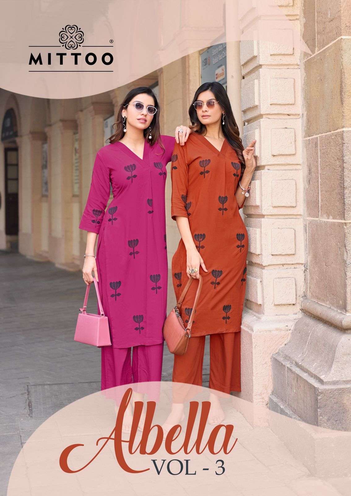 MITTOO ALBELLA VOL 3 RAYON FANCY WORKS LADIES KURTI WITH BOTTOM PAIR AT BEST ONLINE RATE WHOLESALER SURAT 