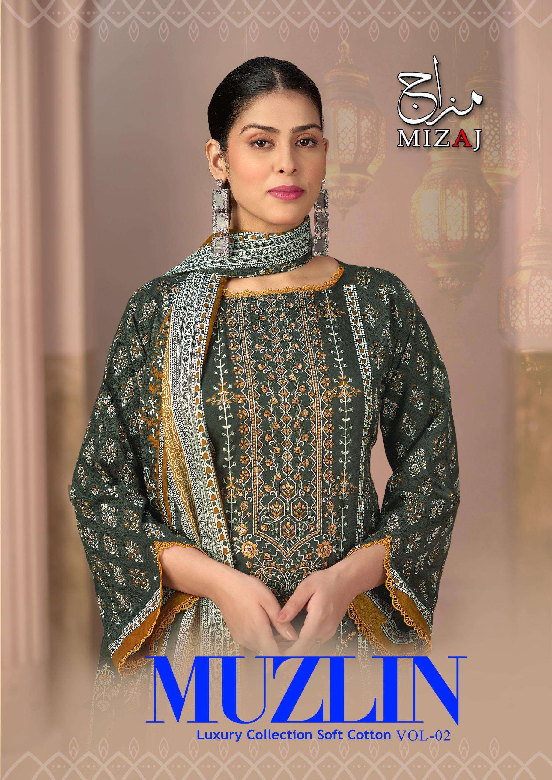 MIZAJ MUZLIN VOL 2 COTTON DIGITAL PRINT WITH WORK SUIT
