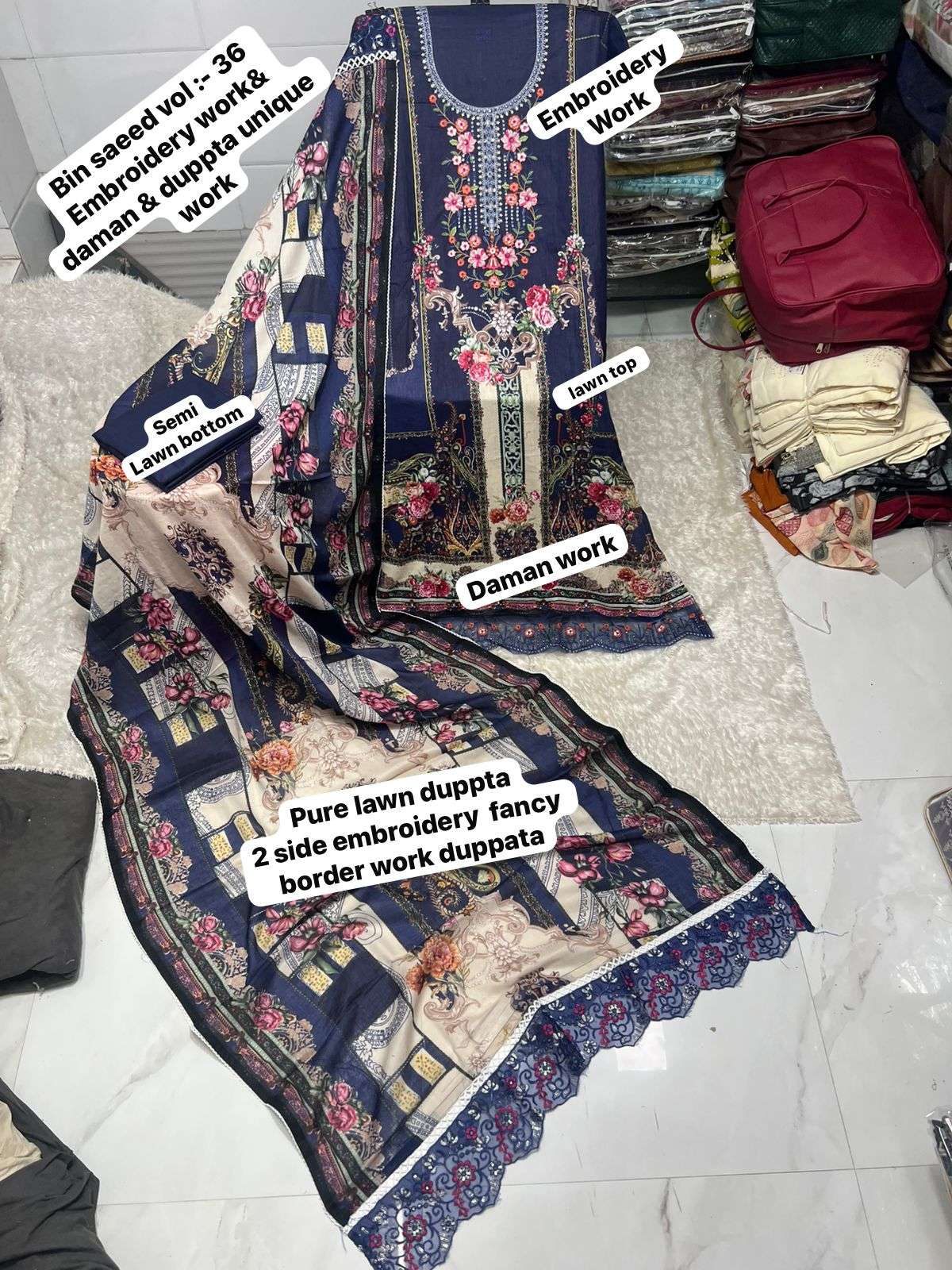 SAPPHIRE BIN SAEED VOL 36 LAWN COTTON EMBROIDERY DESIGNER WORK SALWAR KAMEEZ 