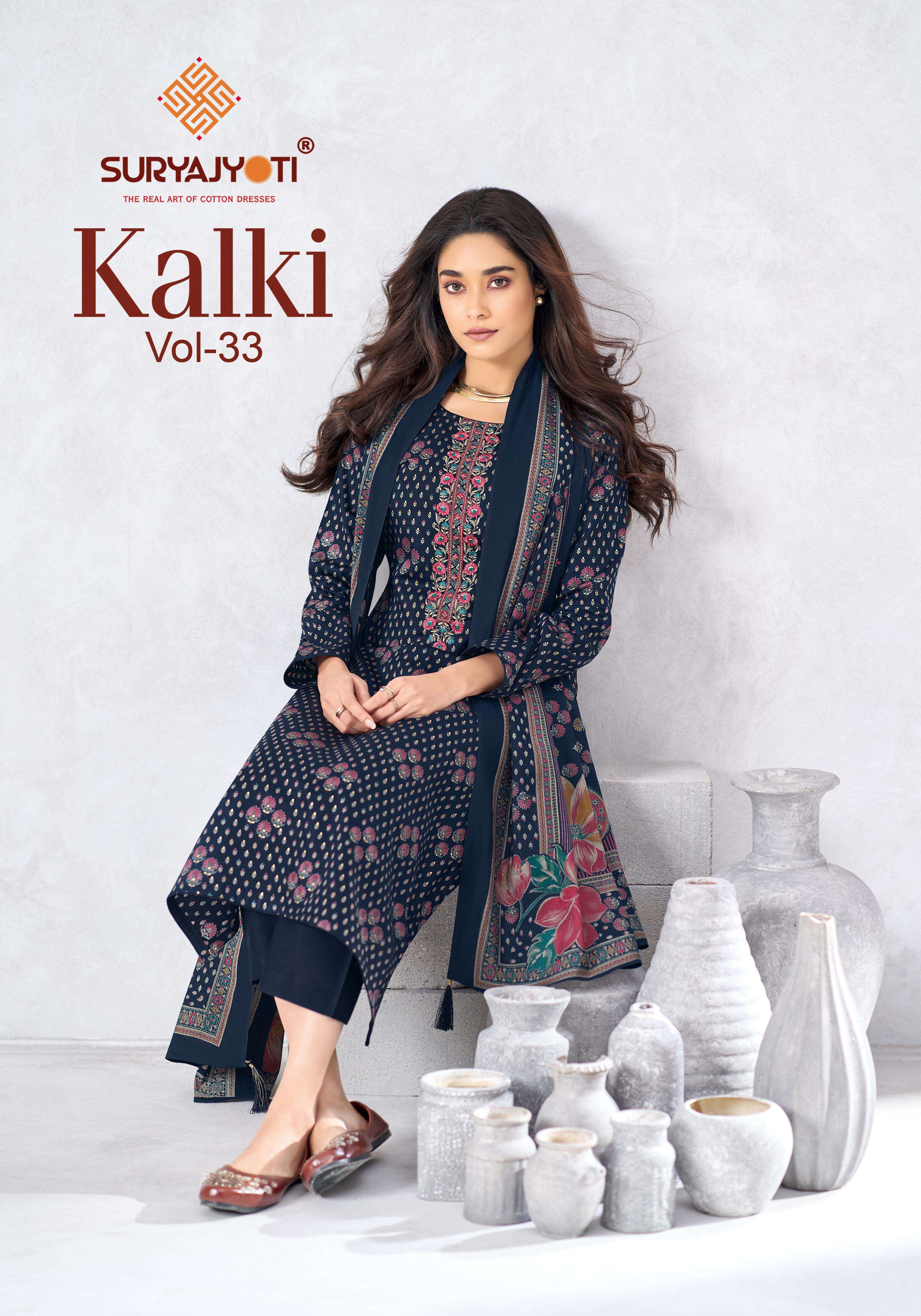 SURYAJYOTI KALKI VOL 33 JAM SATIN PRINT WITH FANCY EMBROIDERY WORK SUIT	