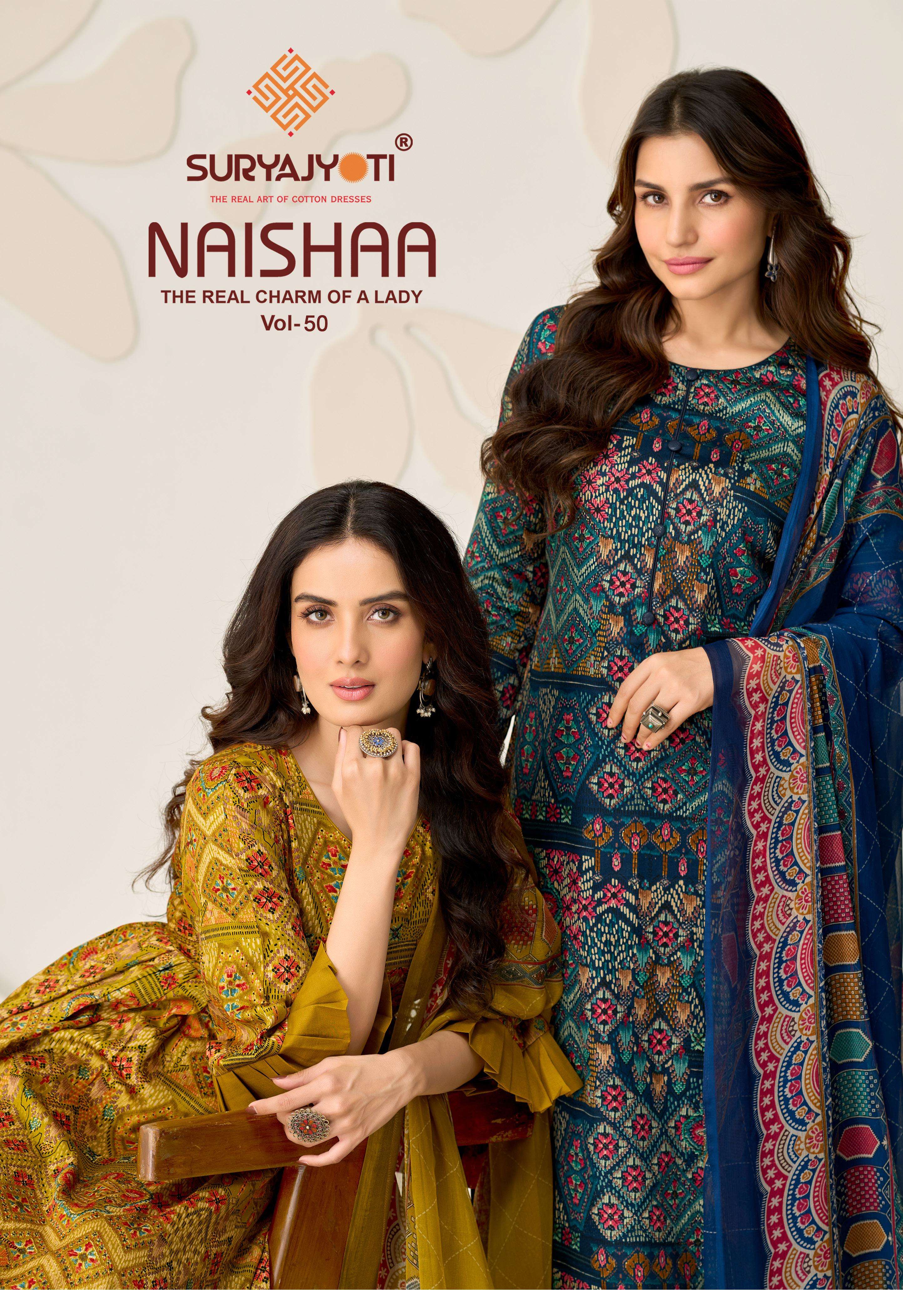 SURYAJYOTI NAISHAA VOL 50 JAM SATIN PRINT WITH FANCY WORK SUIT