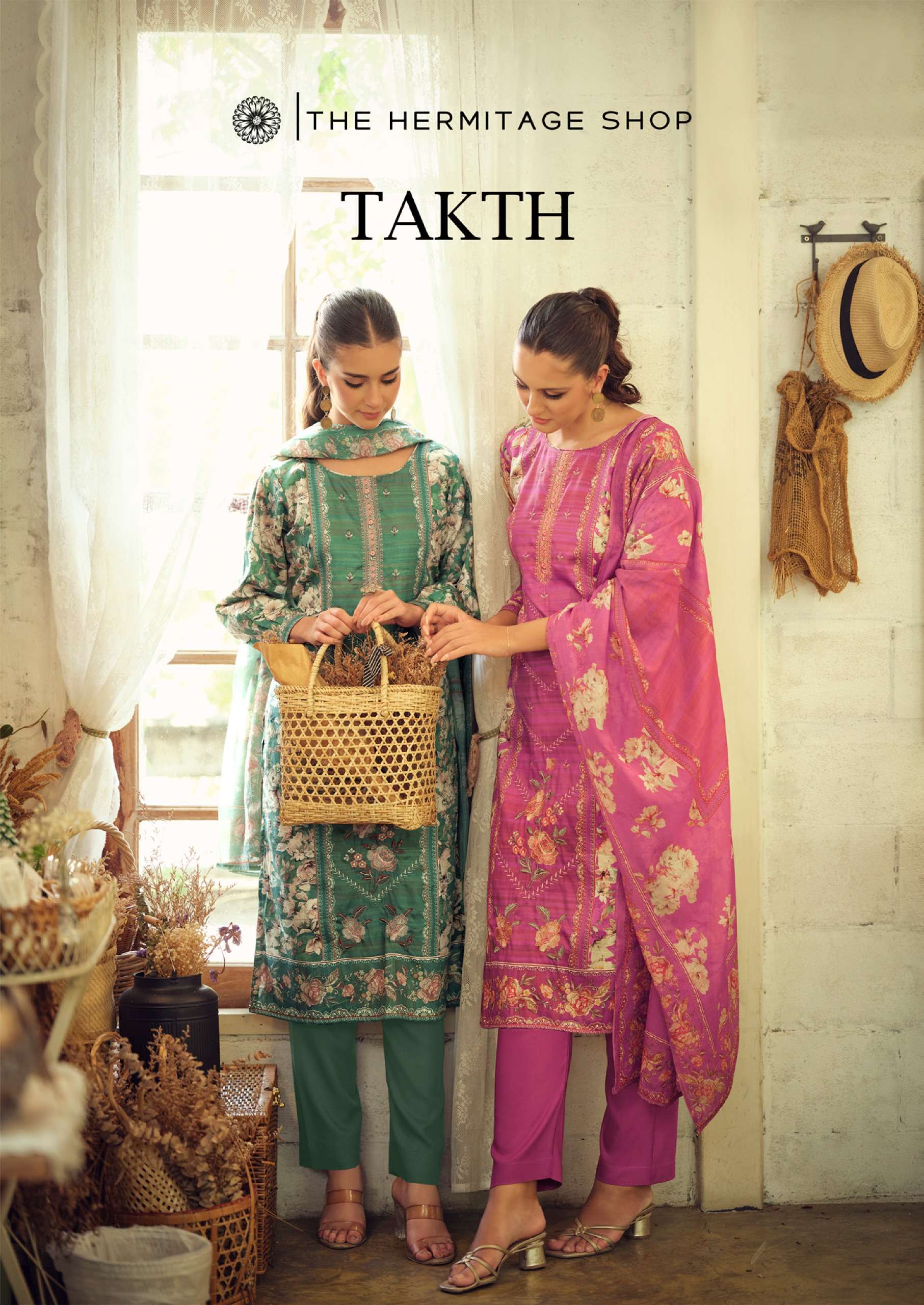 THE HERMITAGE SHOP TAKHT COTTON SATIN DIGITAL PRINT WITH FANCY EMBROIDERY WORK SUIT