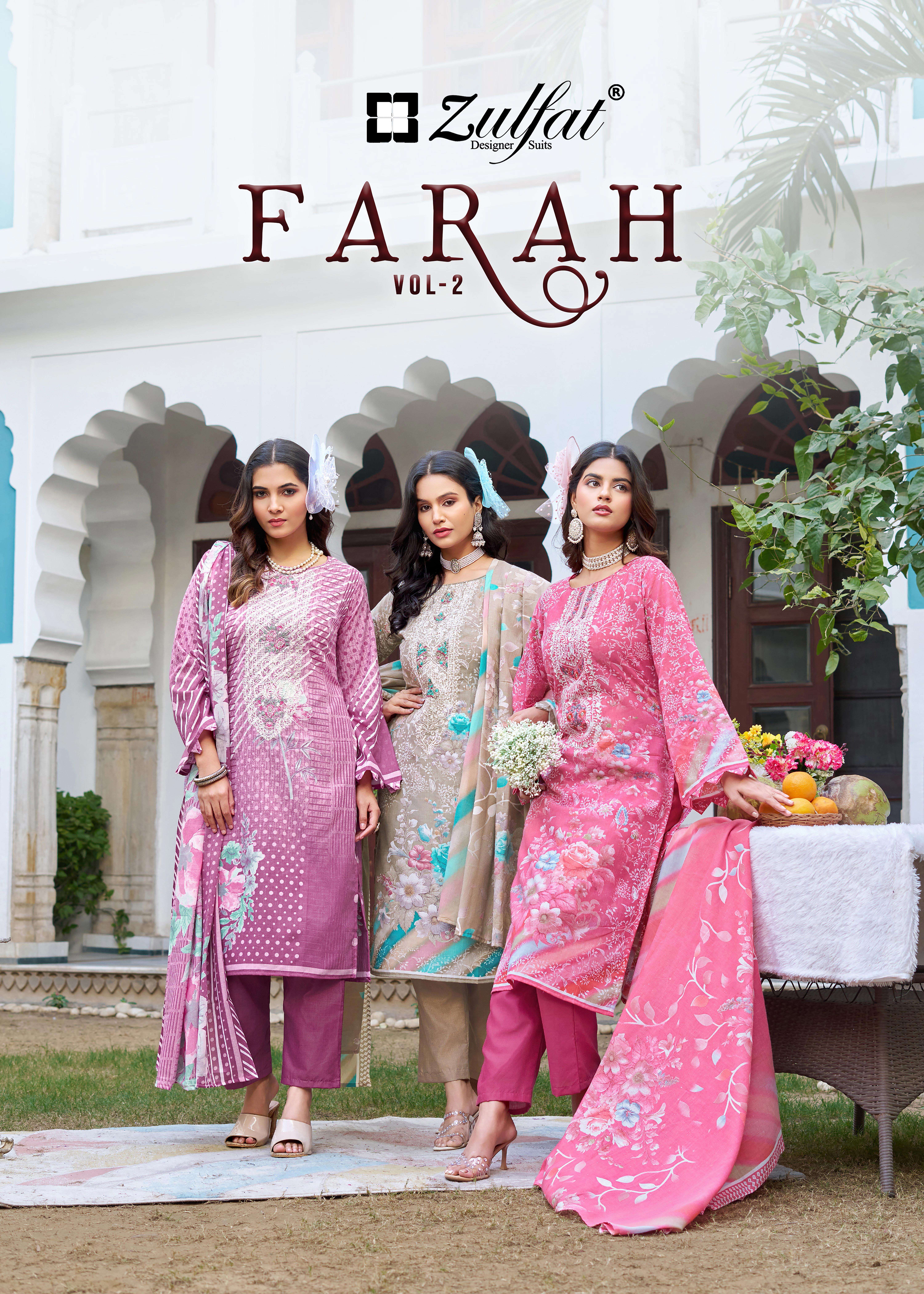 ZULFAT DESIGNER SUITS FARAH VOL 2 COTTON DIGITAL PRINTS FANCY WORK SUIT