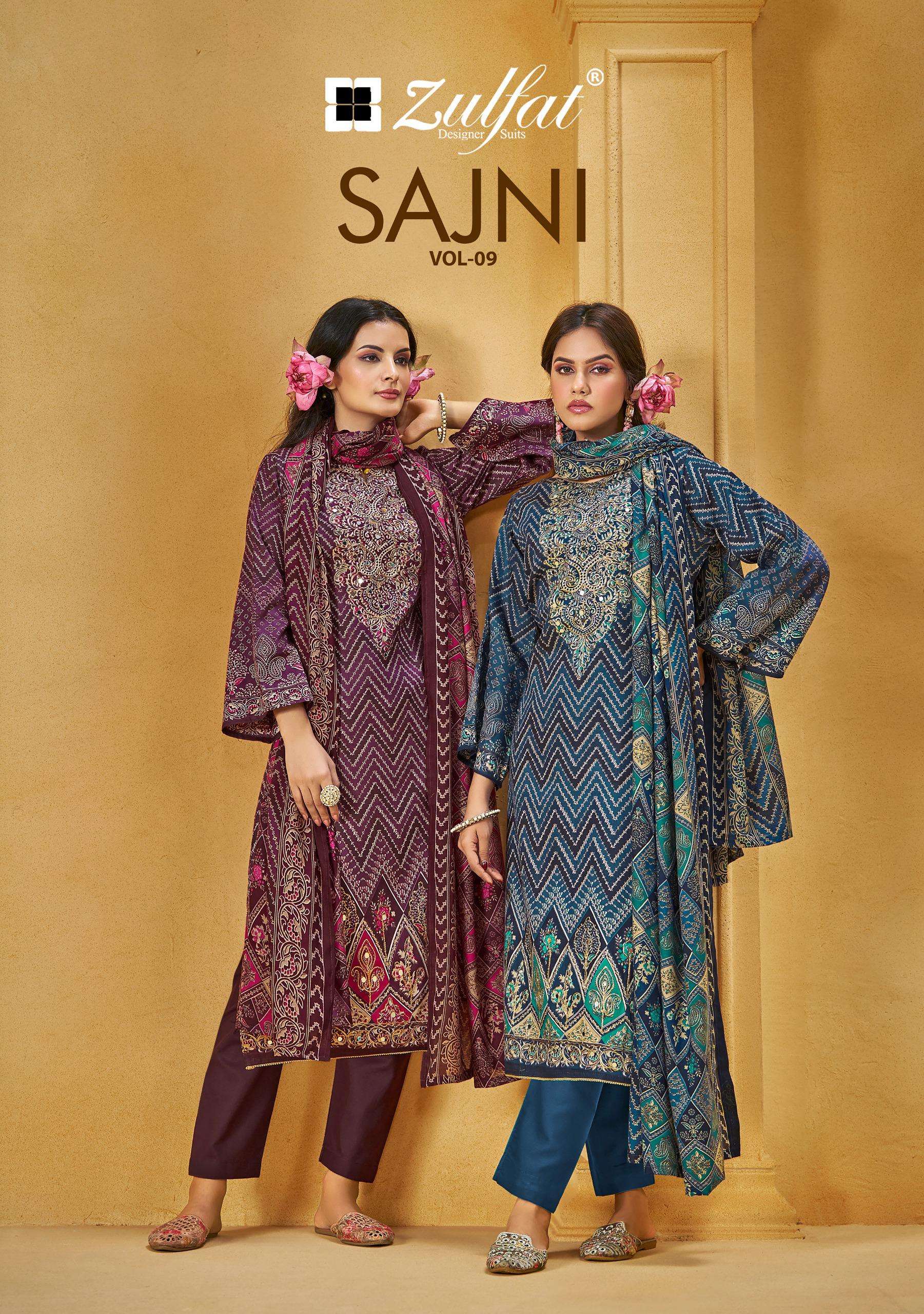 ZULFAT DESIGNER SUITS SAJNI VOL 9 JAM COTTON PRINT WITH FANCY WORK SUIT