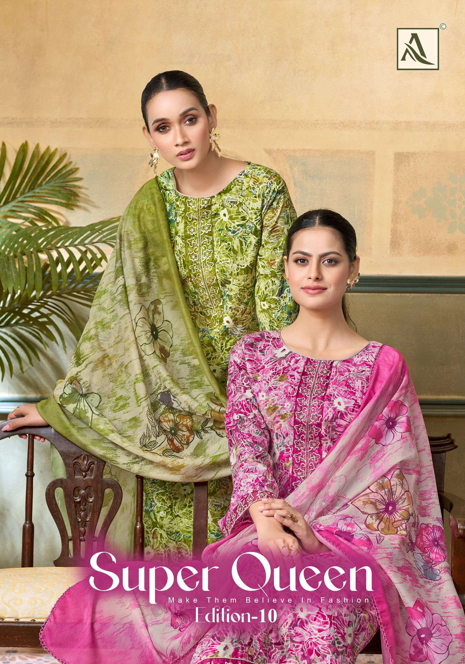 ALOK SUITS SUPER QUEEN EDITION 10 RAYON PRINT WITH FANCY WORK SUIT