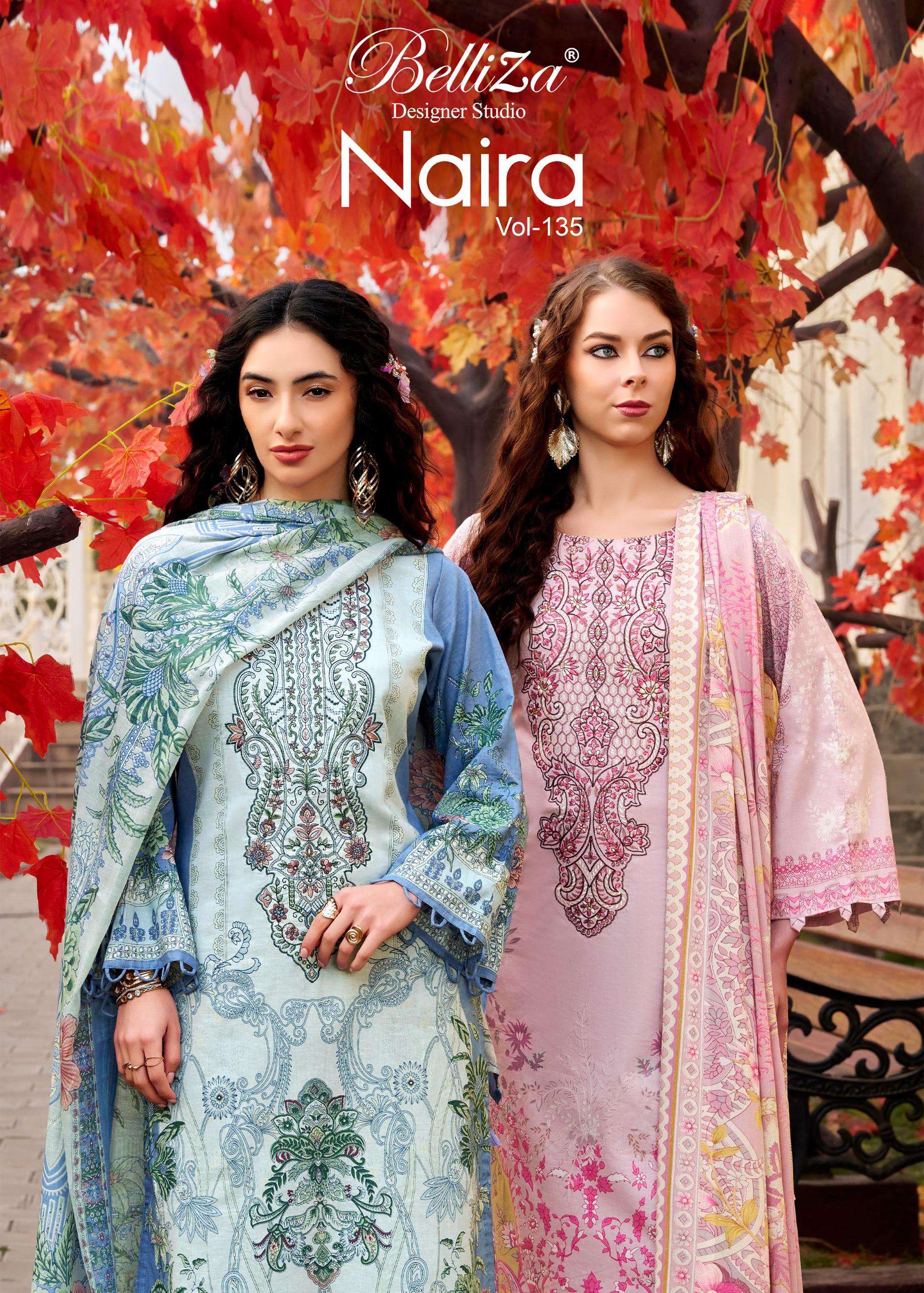 BELLIZA DESIGNER STUDIO NAIRA VOL 135 COTTON DIGITAL PRINT WITH FANCY EMBROIDERY WORK SUITS