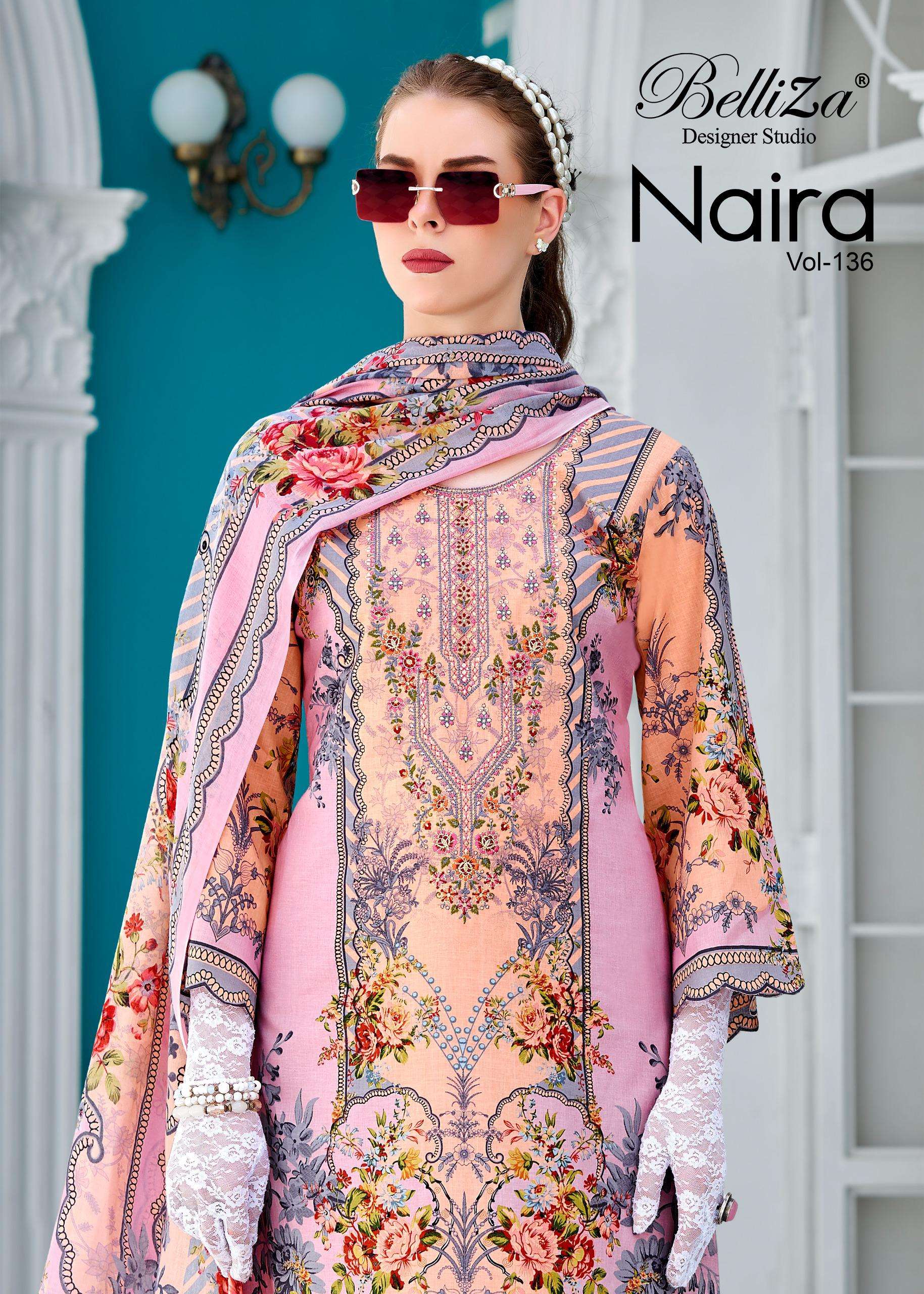 BELLIZA DESIGNER STUDIO NAIRA VOL 136 COTTON DIGITAL PRINT WITH FANCY EMBROIDERY WORK SUITS