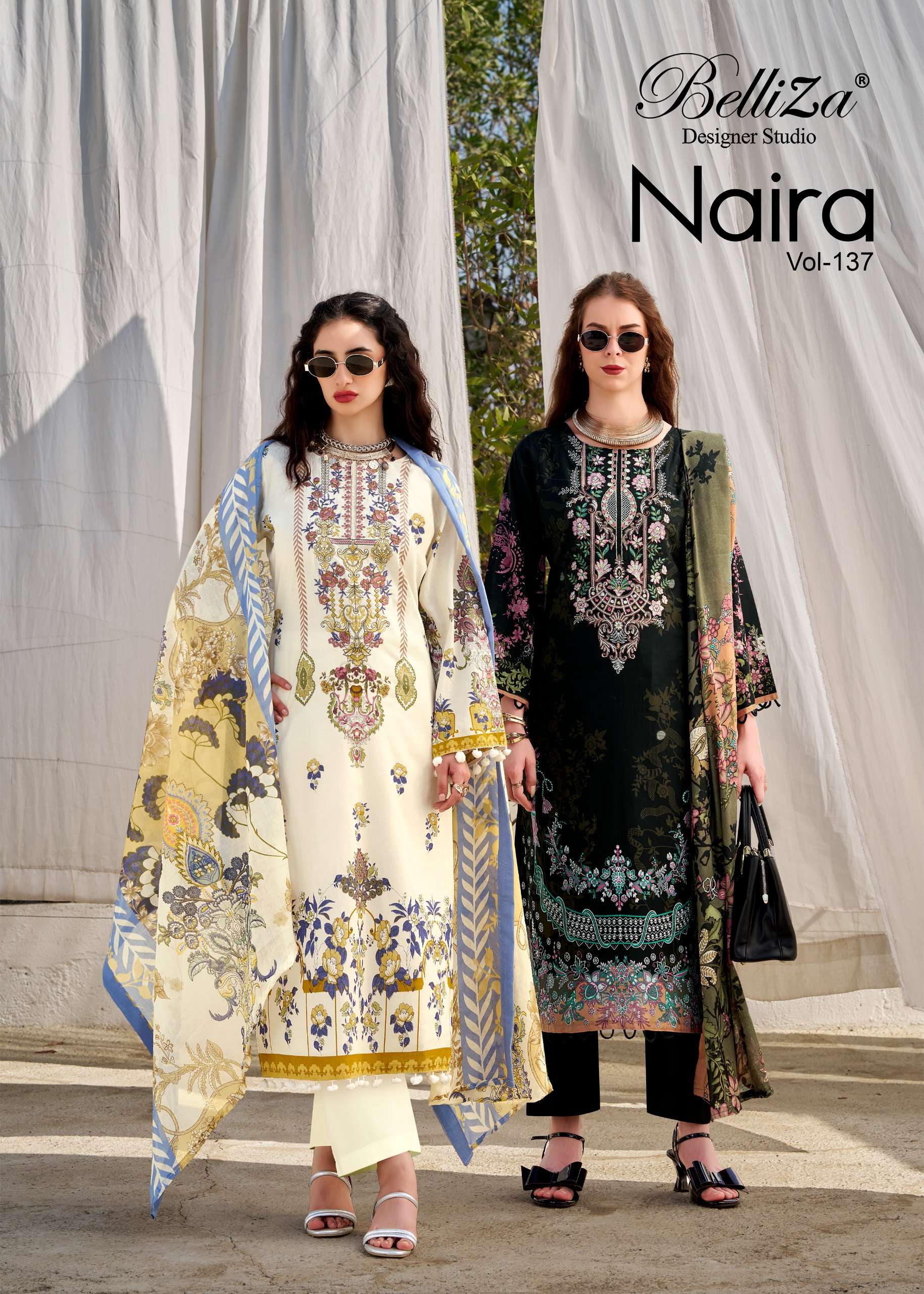 BELLIZA DESIGNER STUDIO NAIRA VOL 137 COTTON DIGITAL PRINT WITH FANCY EMBROIDERY WORK SUITS