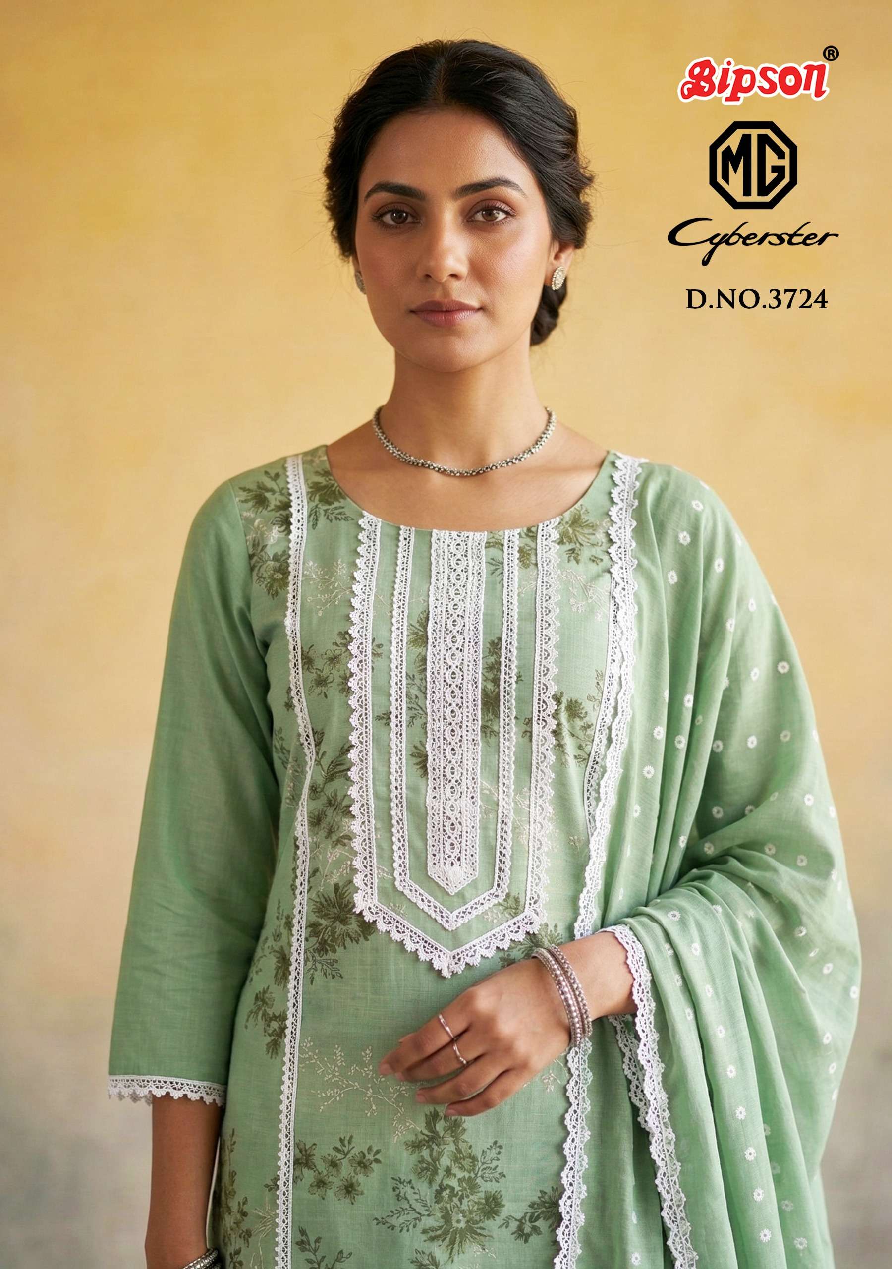BIPSON PRINTS MG CYBERSTER 3724 COTTON PRINT WITH FANCY LACE WORK SUIT