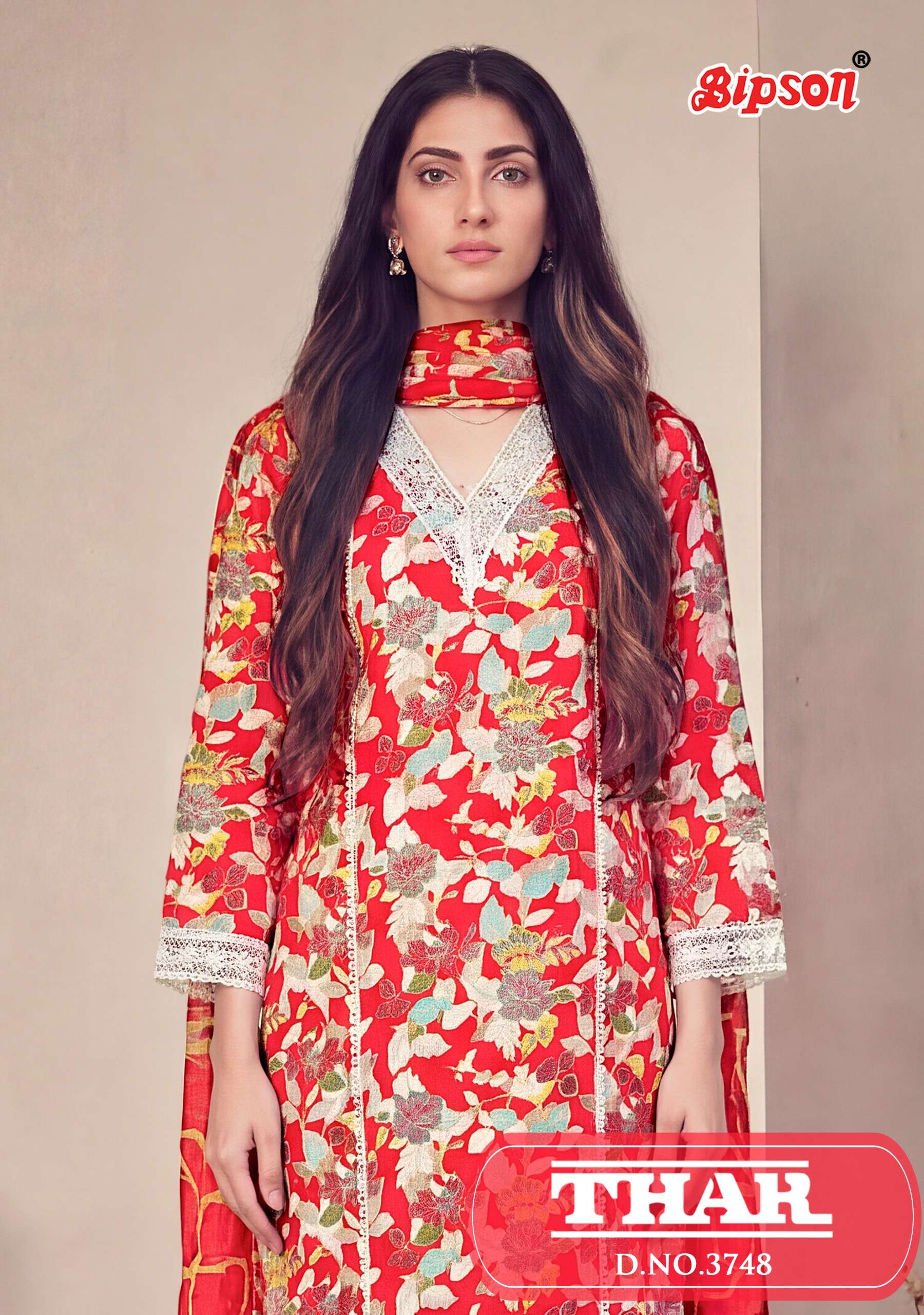BIPSON PRINTS THAR 3748 COTTON PRINT FANCY LACE WORK SUIT